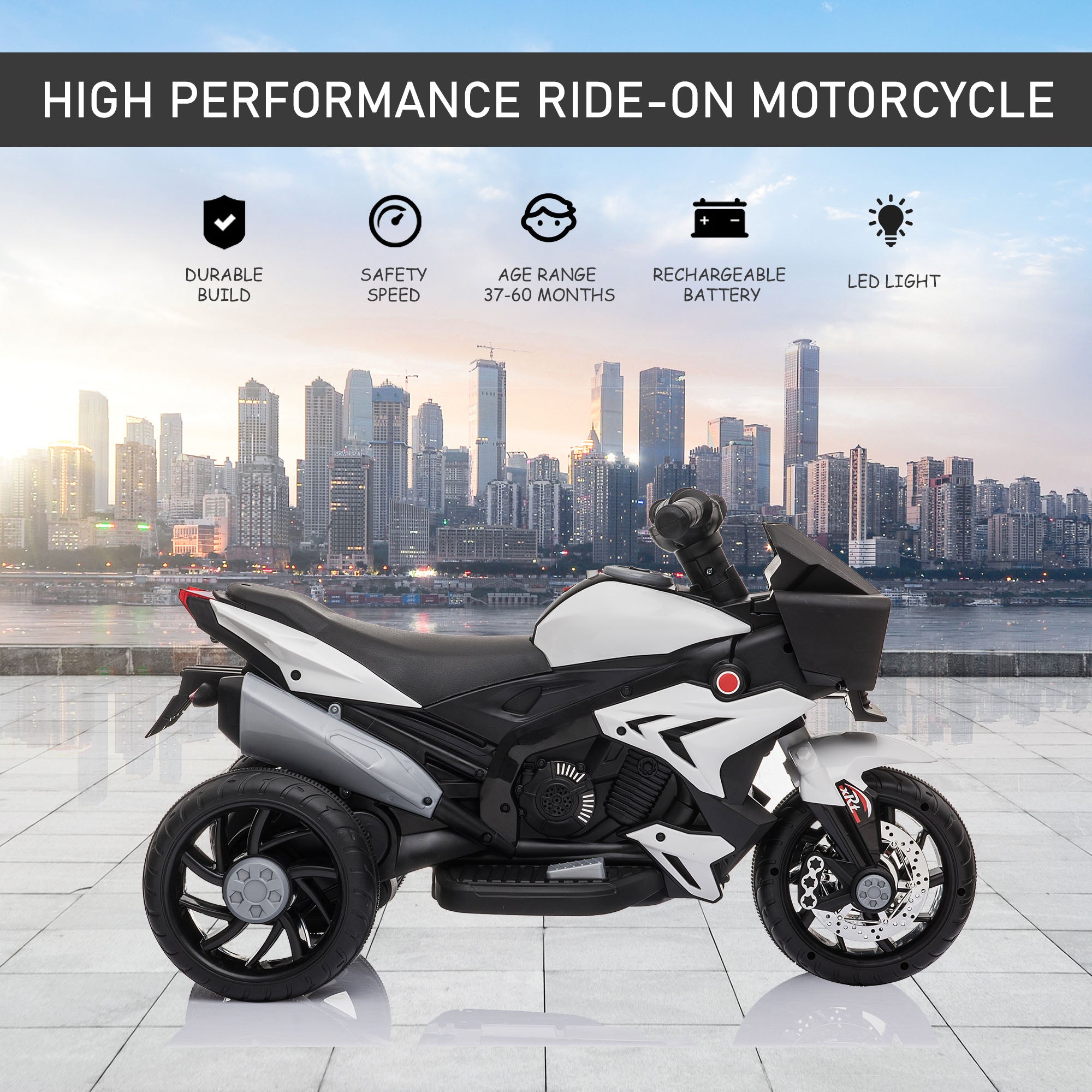 6V Kids Motorcycle Toddler Ride-on Toy, High-Traction Battery-Operated Mini Electric Motorbike with Forward/Reverse Switch, Music, Headlights, Horn, White