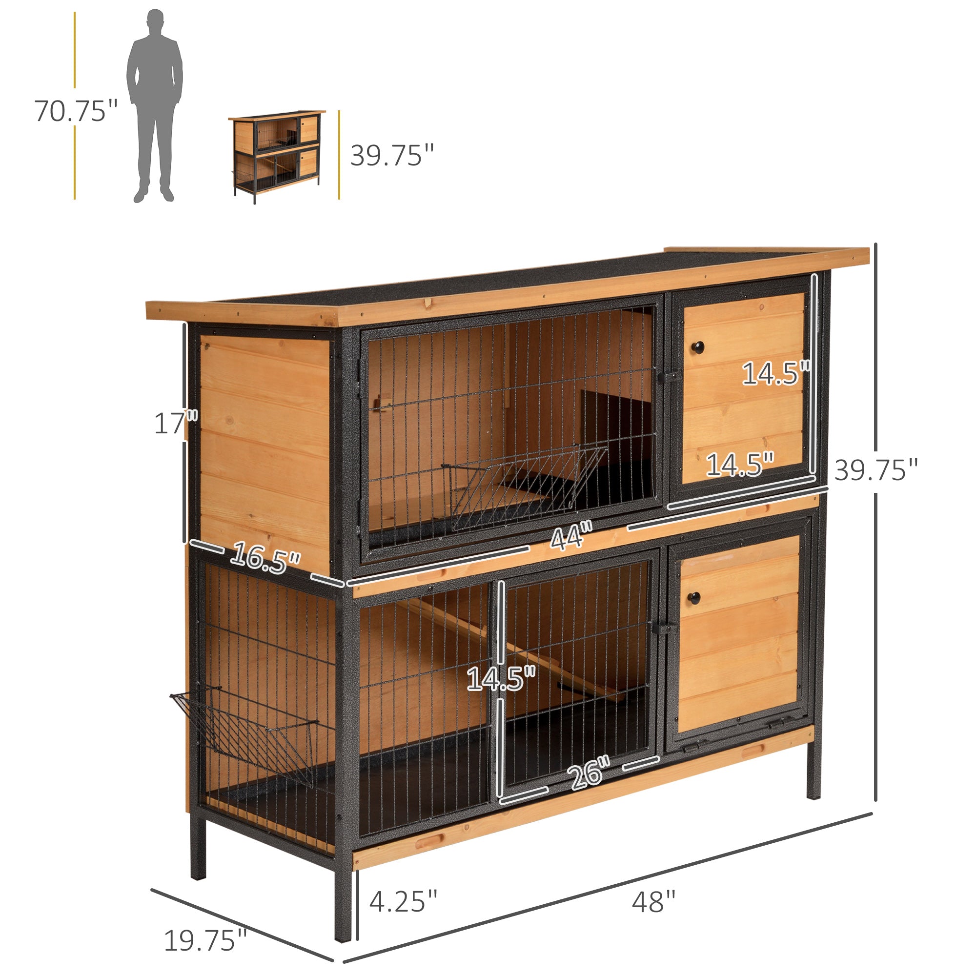 48" 2-Story Large Rabbit Hutch Bunny Cage Wooden Pet House Metal Frame with Rooms, Ramp, No Leak Tray, Feeding Trough, Waterproof Asphalt Roof for Rabbits, Chickens, Ducks, Outdoor/Indoor - Light yellow - Image 3