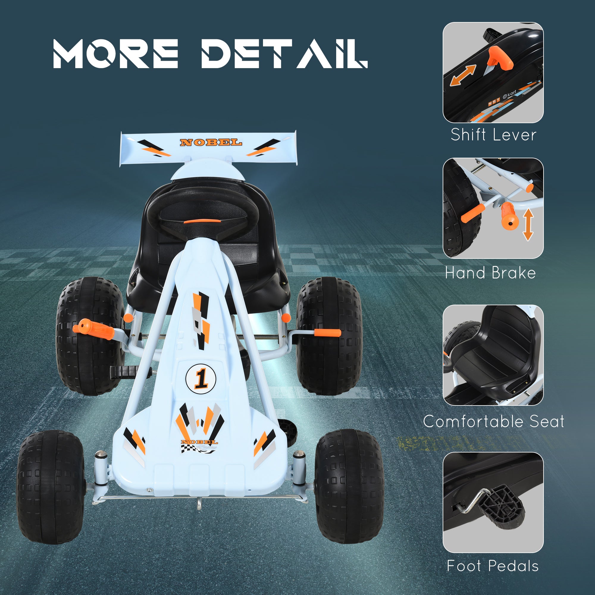 Pedal Go Kart Children Ride on Car Cute Style with Adjustable Seat, Plastic Wheels, Handbrake and Shift Lever, Light Blue