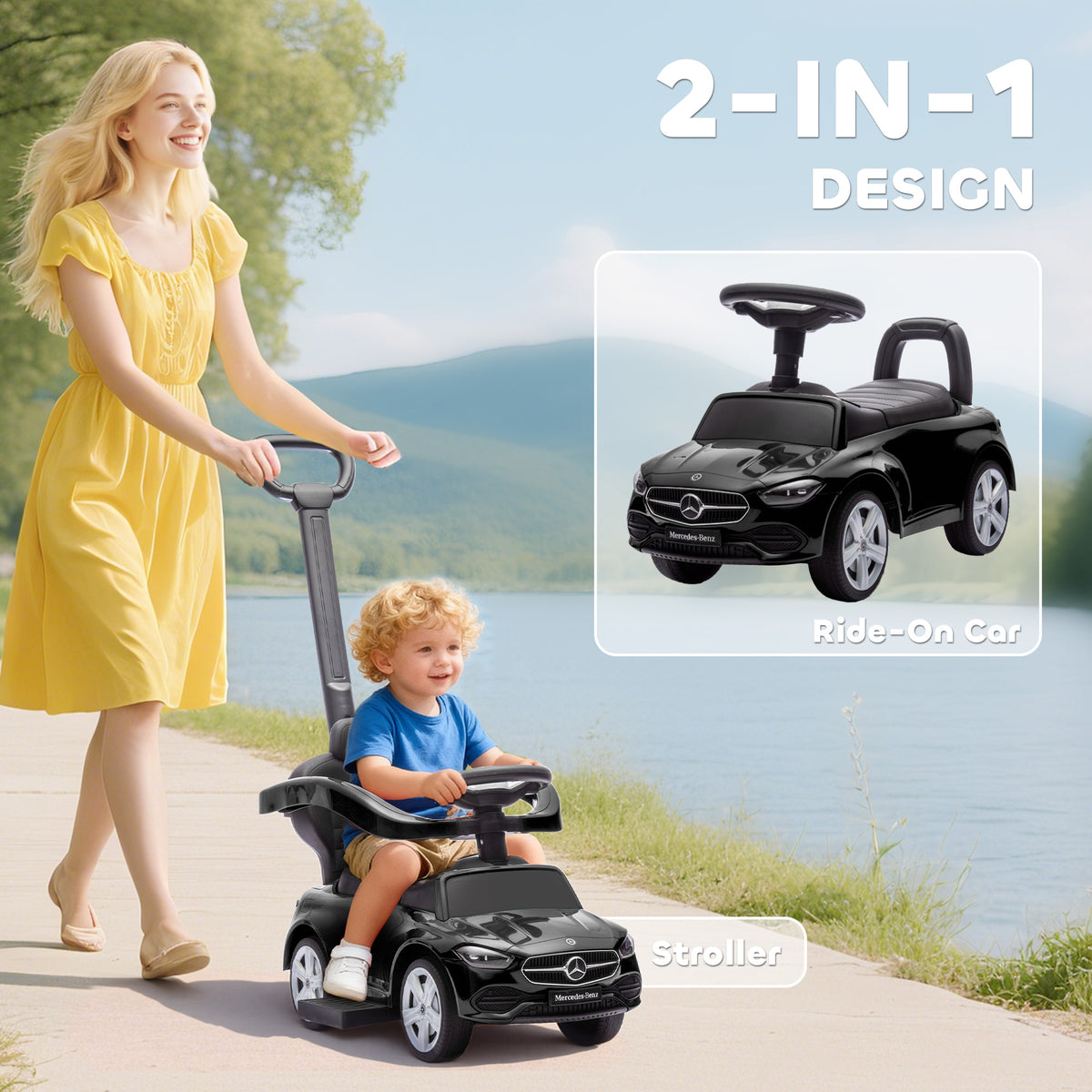 Qaba Mercedes-Benz C-Class Licensed Ride-On Push Car, Baby Stroller Walking Car with Parent Control Handle, Horn, Black