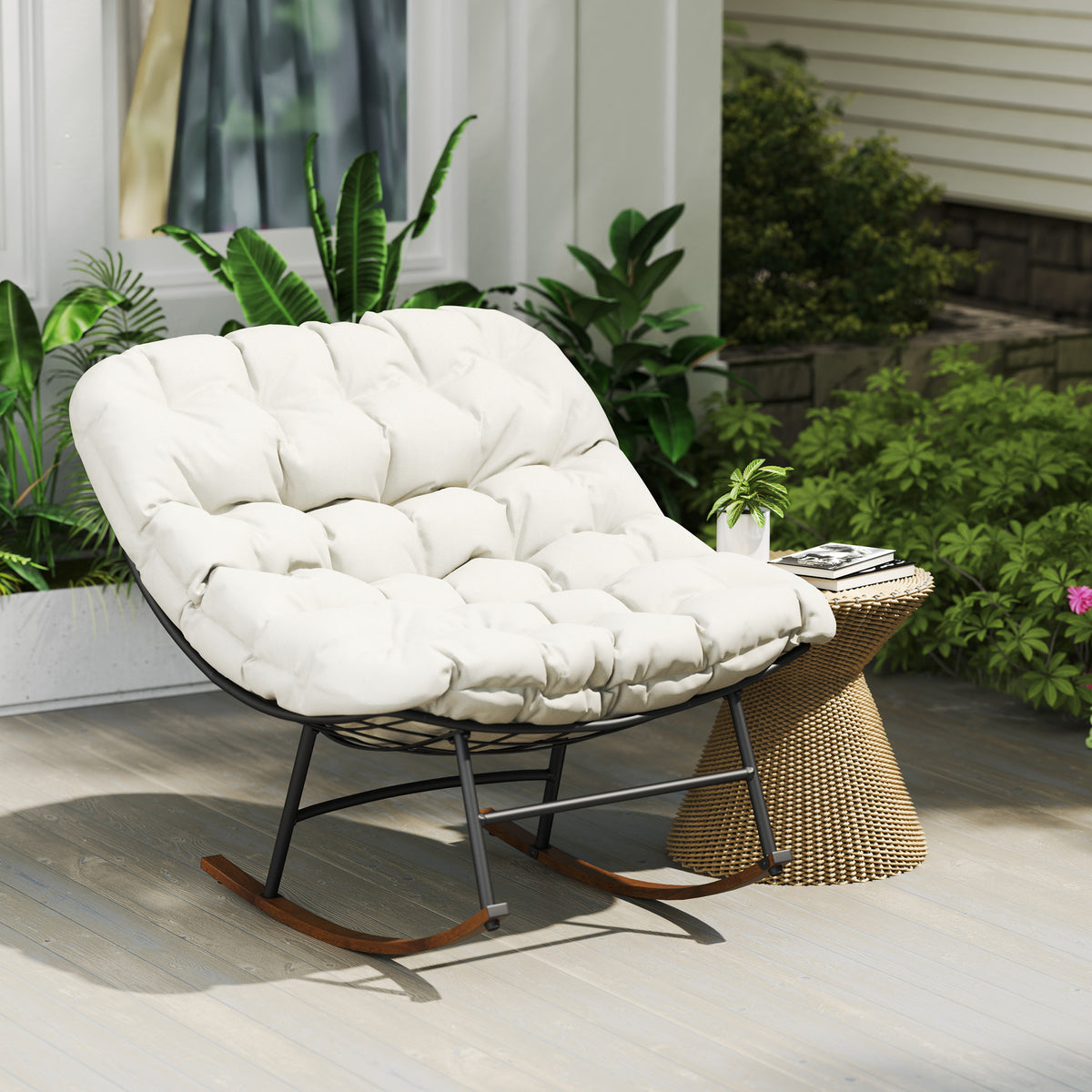Outdoor Rocking Chair Patio Set of 2, Oversized Rocking Papasan Chairs with Cushions for Garden Porch, 265 lbs., Beige