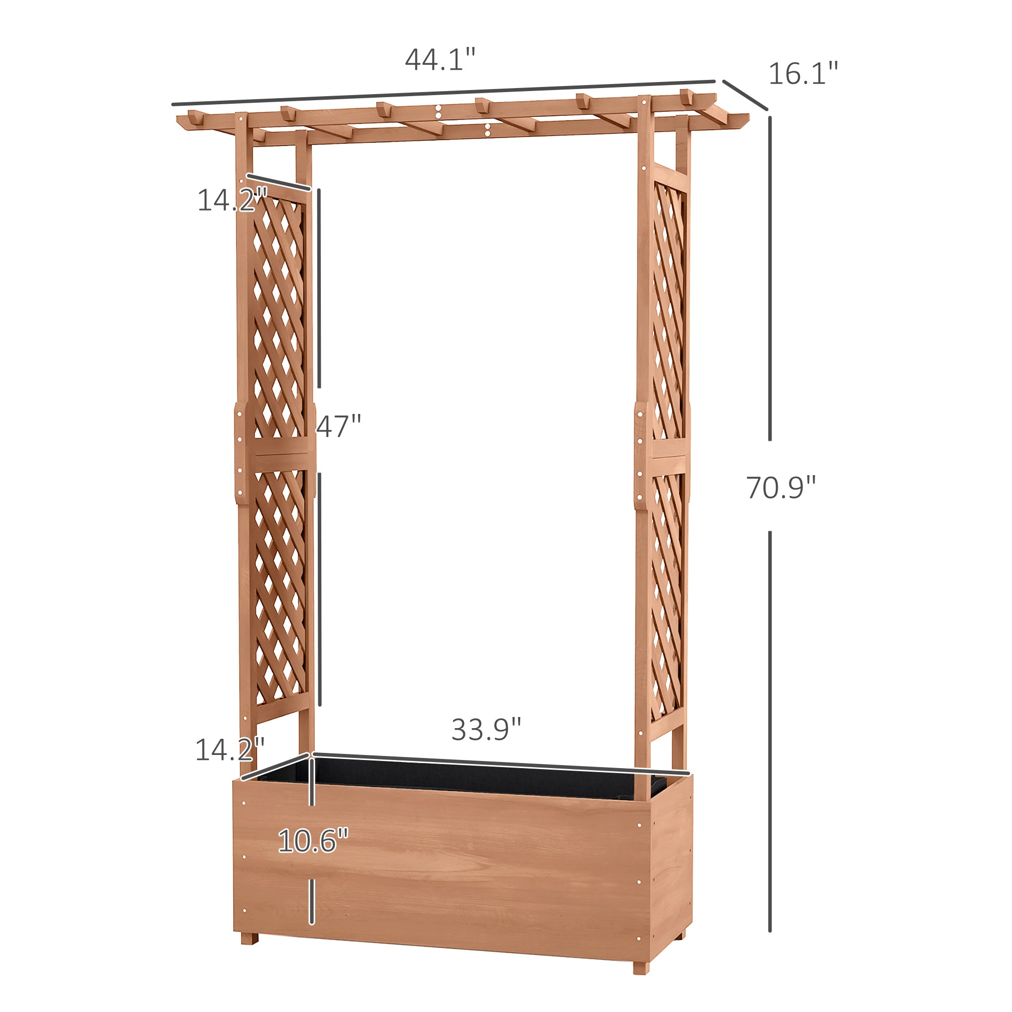 Raised Garden Bed with Trellises and Roof for Climbing Plant Vine, Hanging Flowers, 70.75" Tall Outdoor Wood Planter Box with Drainage & Filter - Brown - Image 3