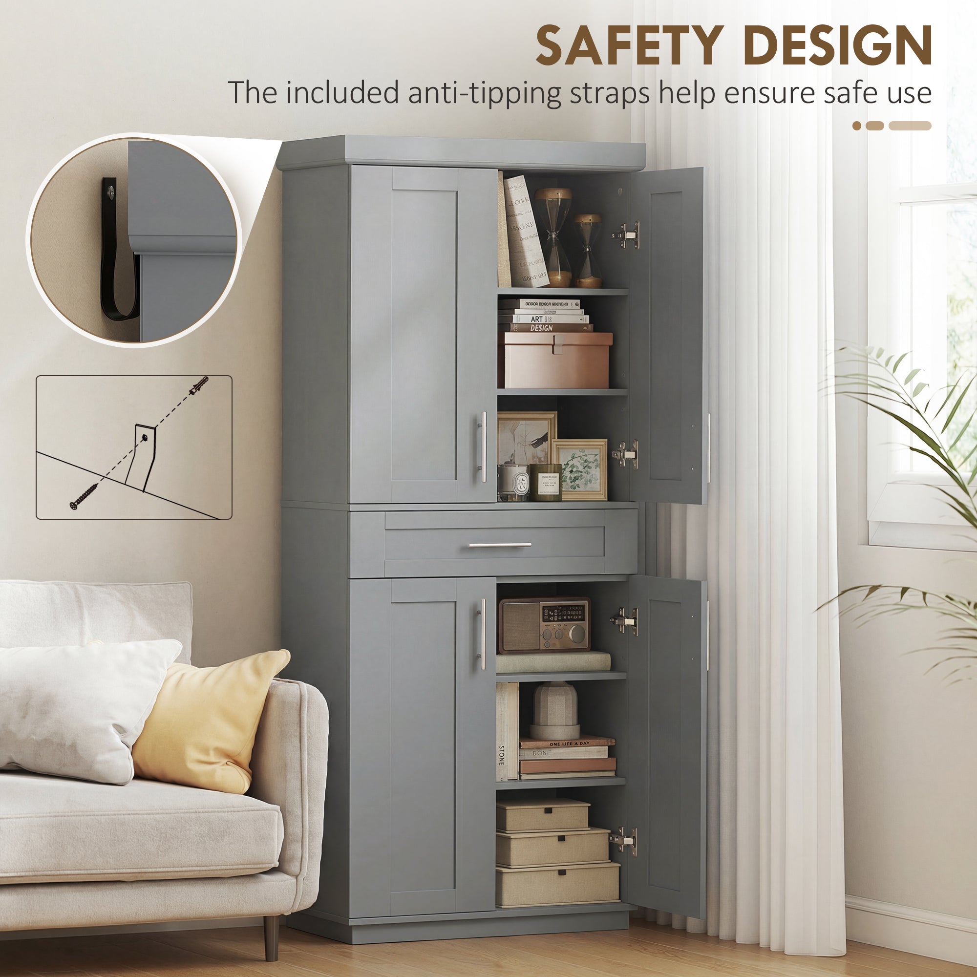 Modern Kitchen Pantry Freestanding Cabinet Cupboard with Doors and Drawer, Adjustable Shelving, Gray