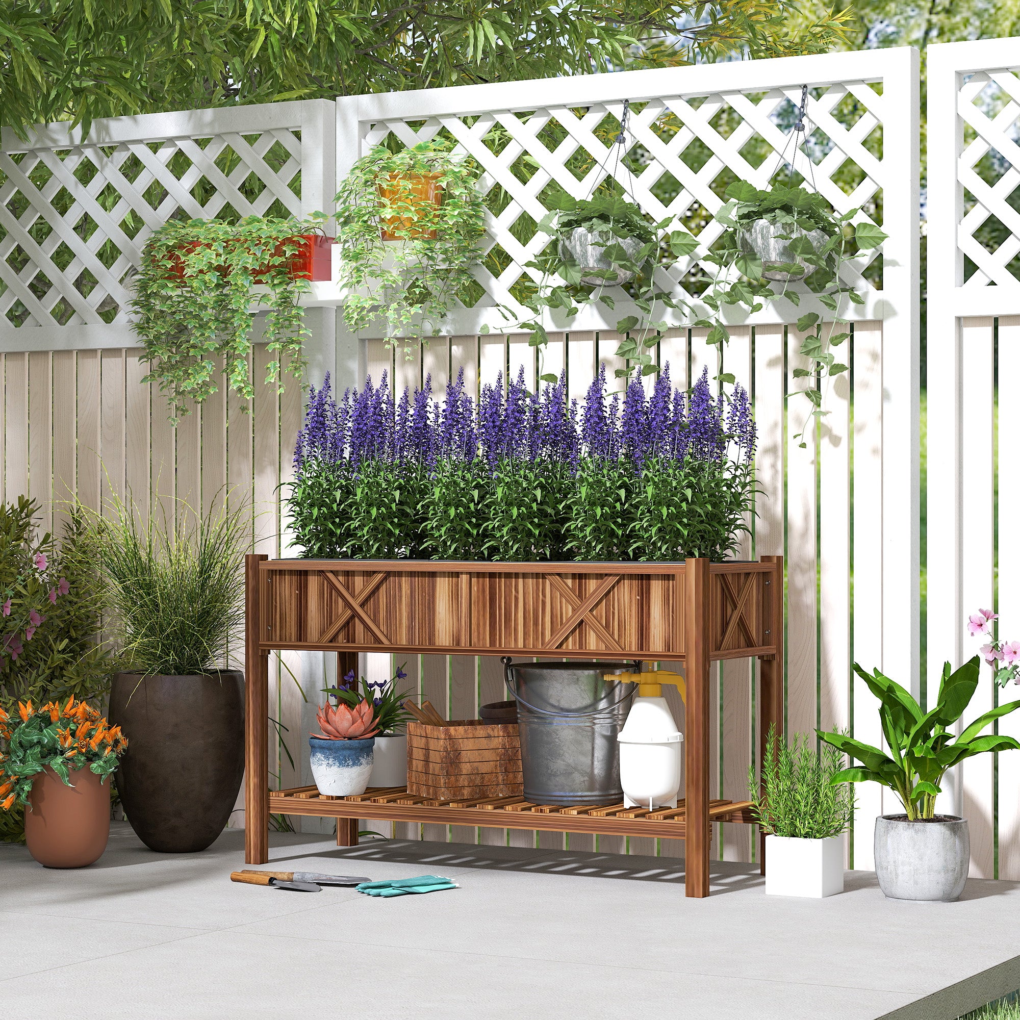 Raised Garden Bed, 47 x 22 x 31.5 in Elevated Wood Planter Box with Storage Shelf, Drainage Holes and Liner, Carbonized - Carbonized - Image 2