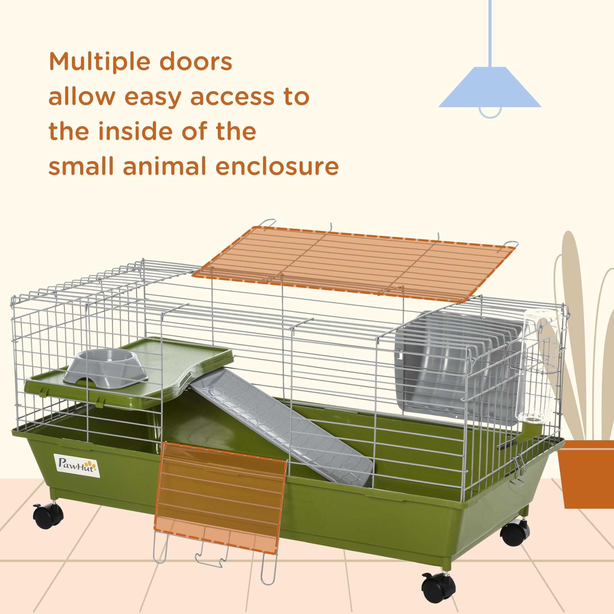 35"L Small Animal Cage, Rolling Bunny Cage, Guinea Pig Cage with Food Dish, Water Bottle, Hay Feeder, Platform, Ramp for Chinchilla, Green - Green - Image 7