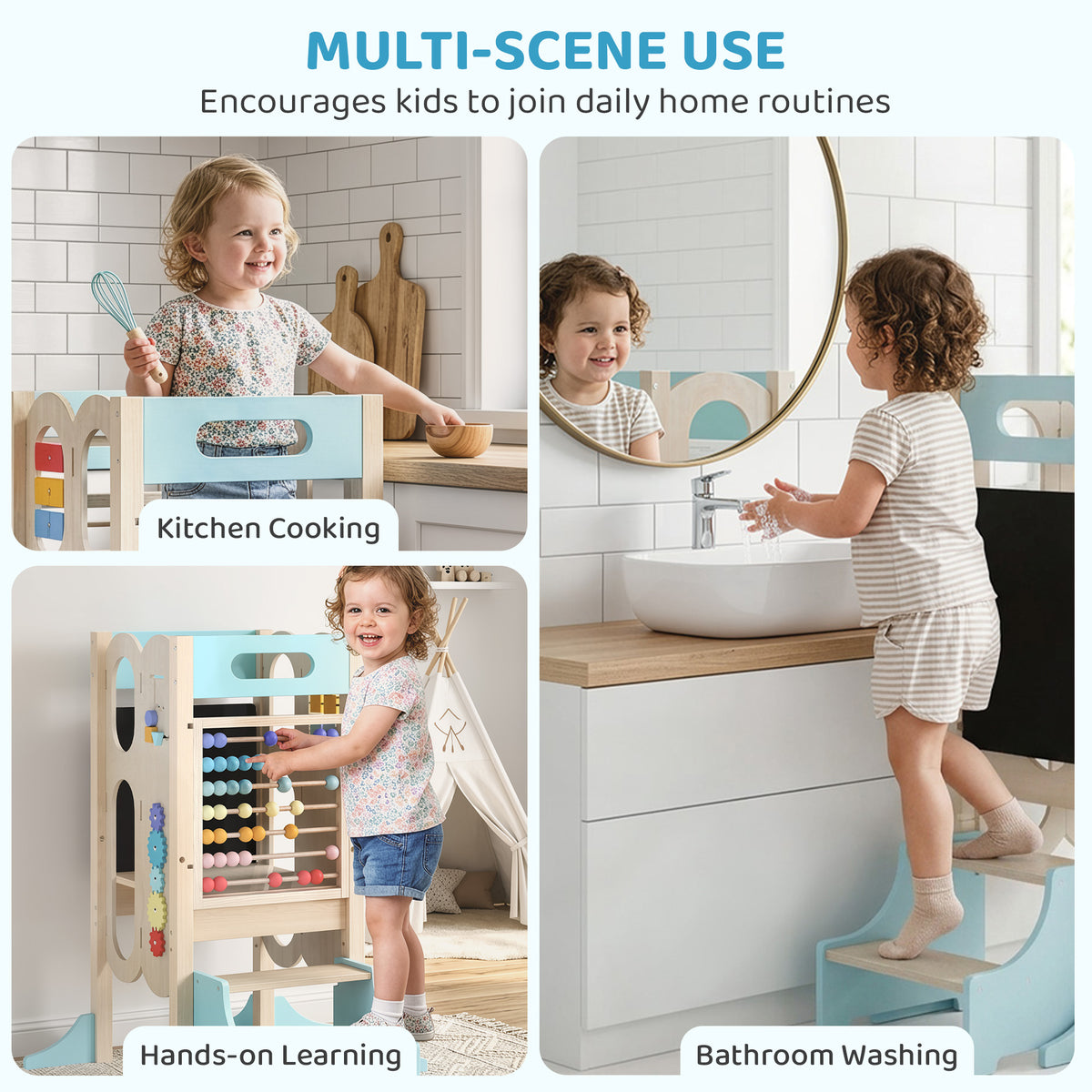 6-in-1 Toddler Kitchen Step Stool Helper, Montessori Toddler Standing Tower w/ Blackboard for 3-6 Year, Blue
