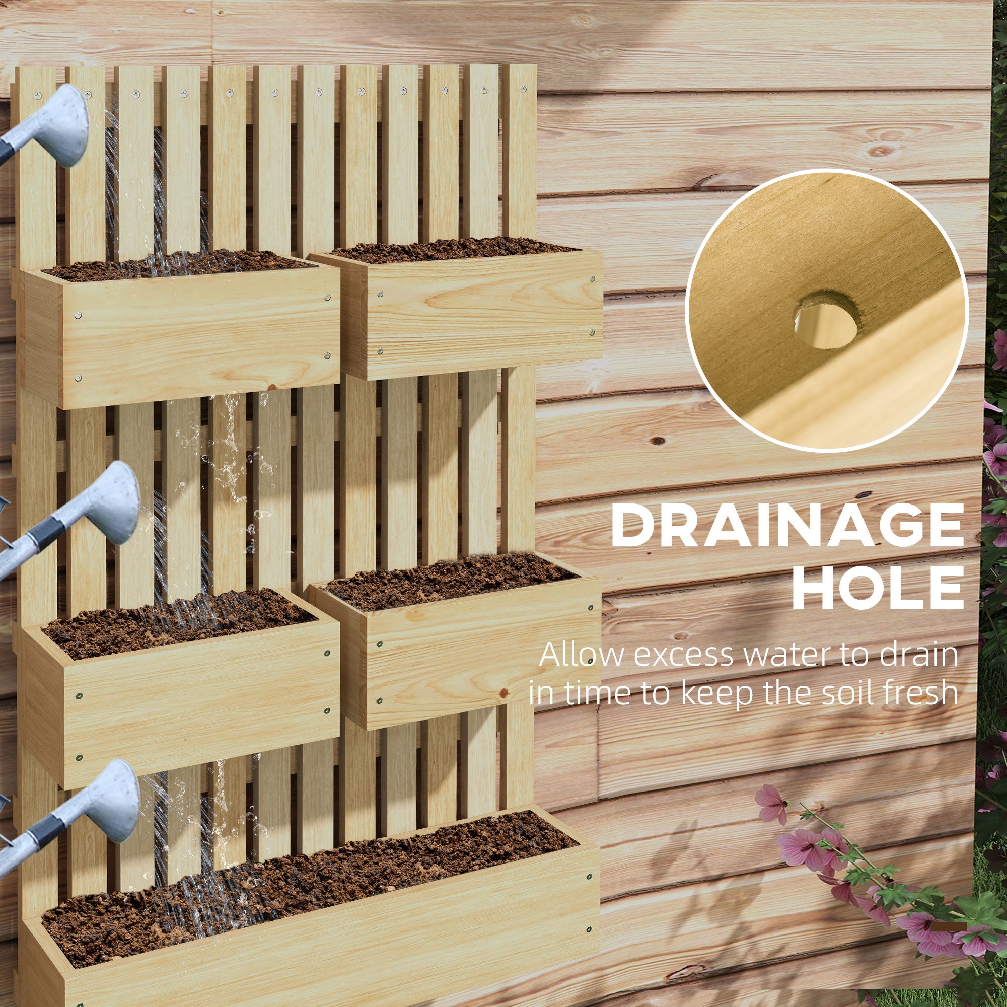 Wall Mounted Planter with Trellis and Drainage Holes for Small Spaces, Raised Garden Bed, Natural - Natural Wood - Image 6