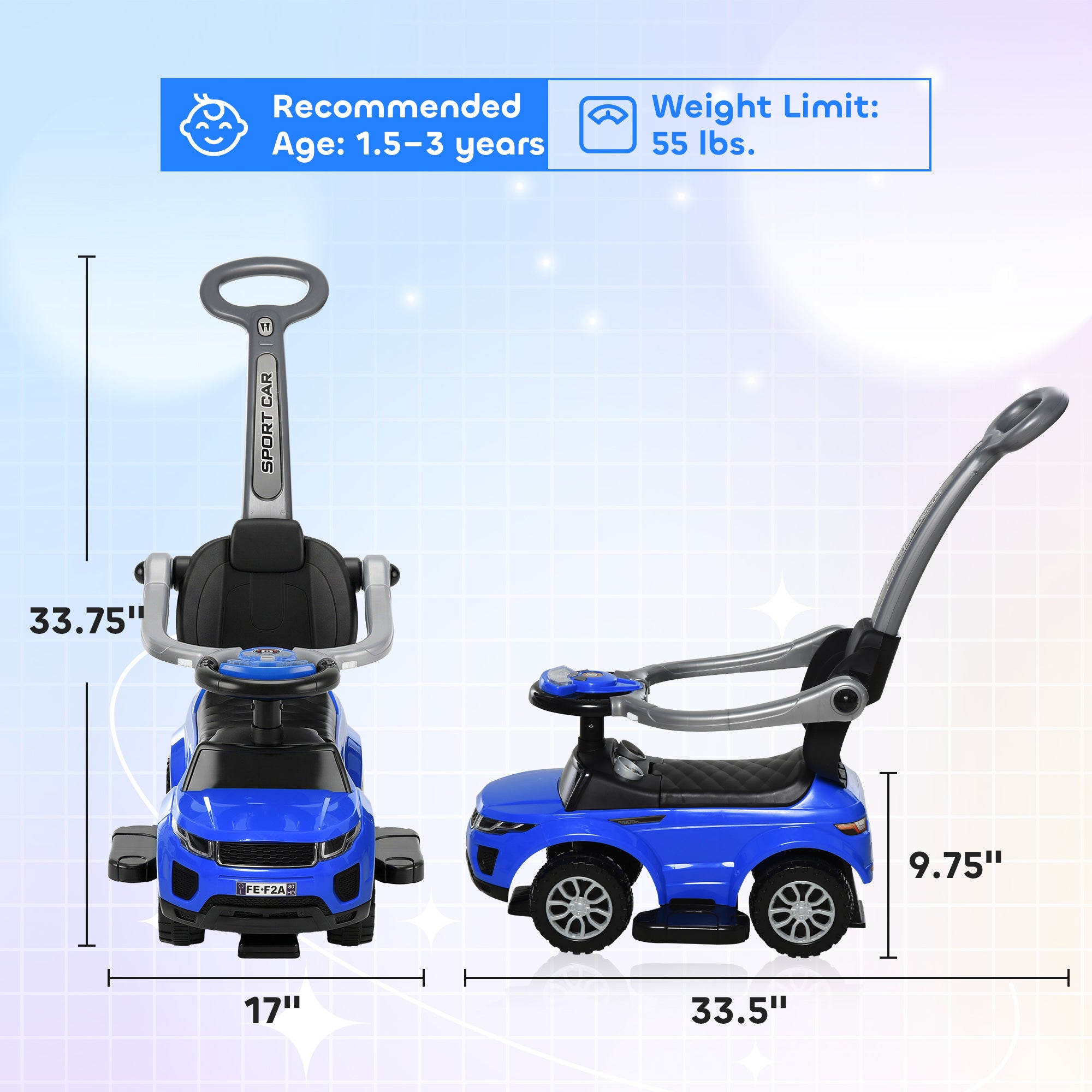 3 In 1 Push Cars for Toddlers Kid Ride on Push Car Stroller Sliding Car with Horn Music Light Function Secure Bar Ride on Toy for Boy Girl 18-36 Months, Blue