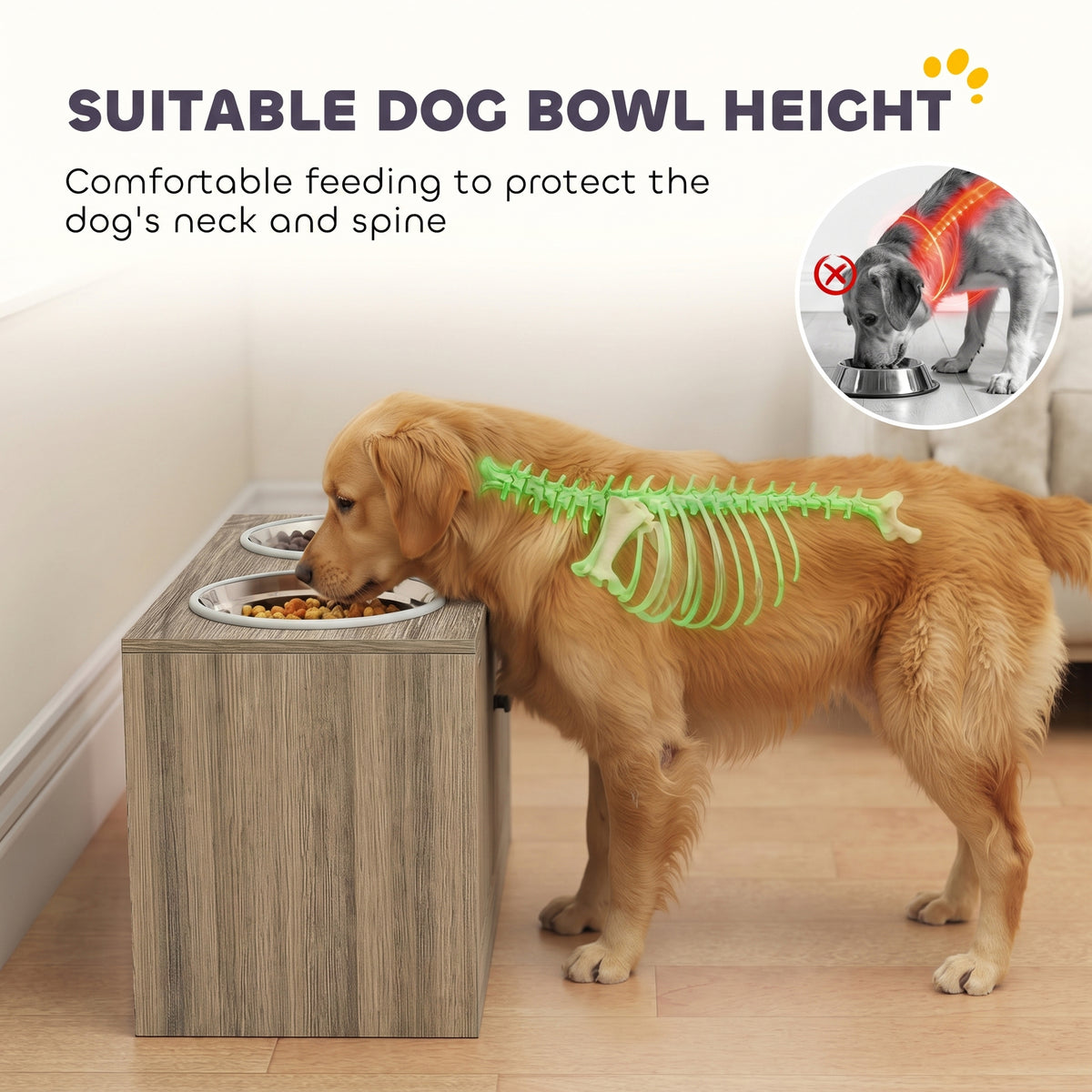 Elevated Dog Bowls with Storage Cabinet, 2 Stainless Steel Bowls, Slow Feeder, Dog Feeding Station for Large Dogs, Brown Wood Grain
