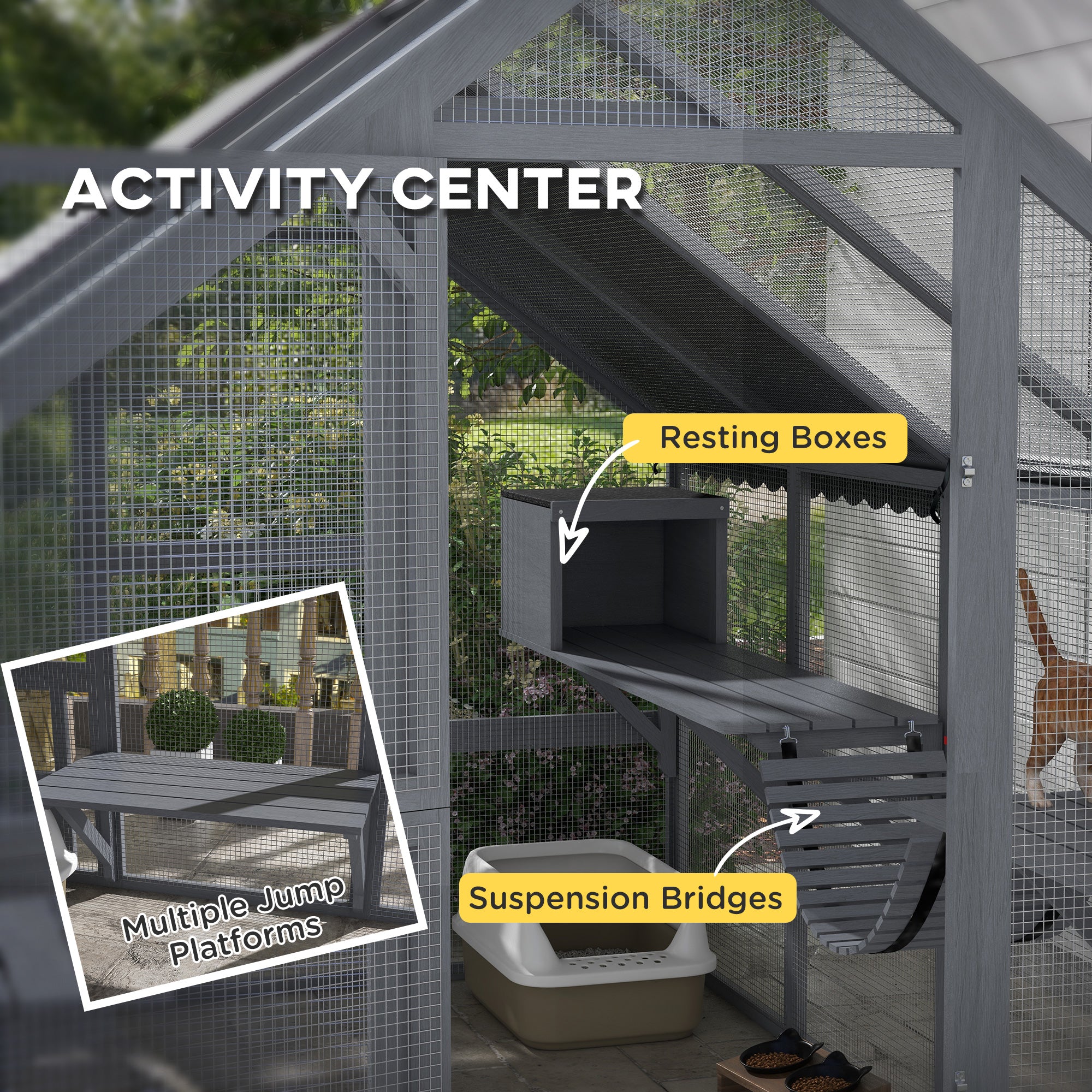 Wooden Catio Outdoor Cat Enclosure with Waterproof Cover, 2 Condos, 6 Platforms, Bridge, Doors, Gray - Gray - Image 5