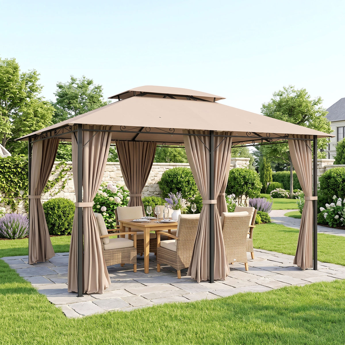 10' x 13' Patio Gazebo, Outdoor Gazebo Canopy Shelter with Curtains, Vented Roof, Steel Frame for Garden, Lawn, Backyard and Deck, Khaki
