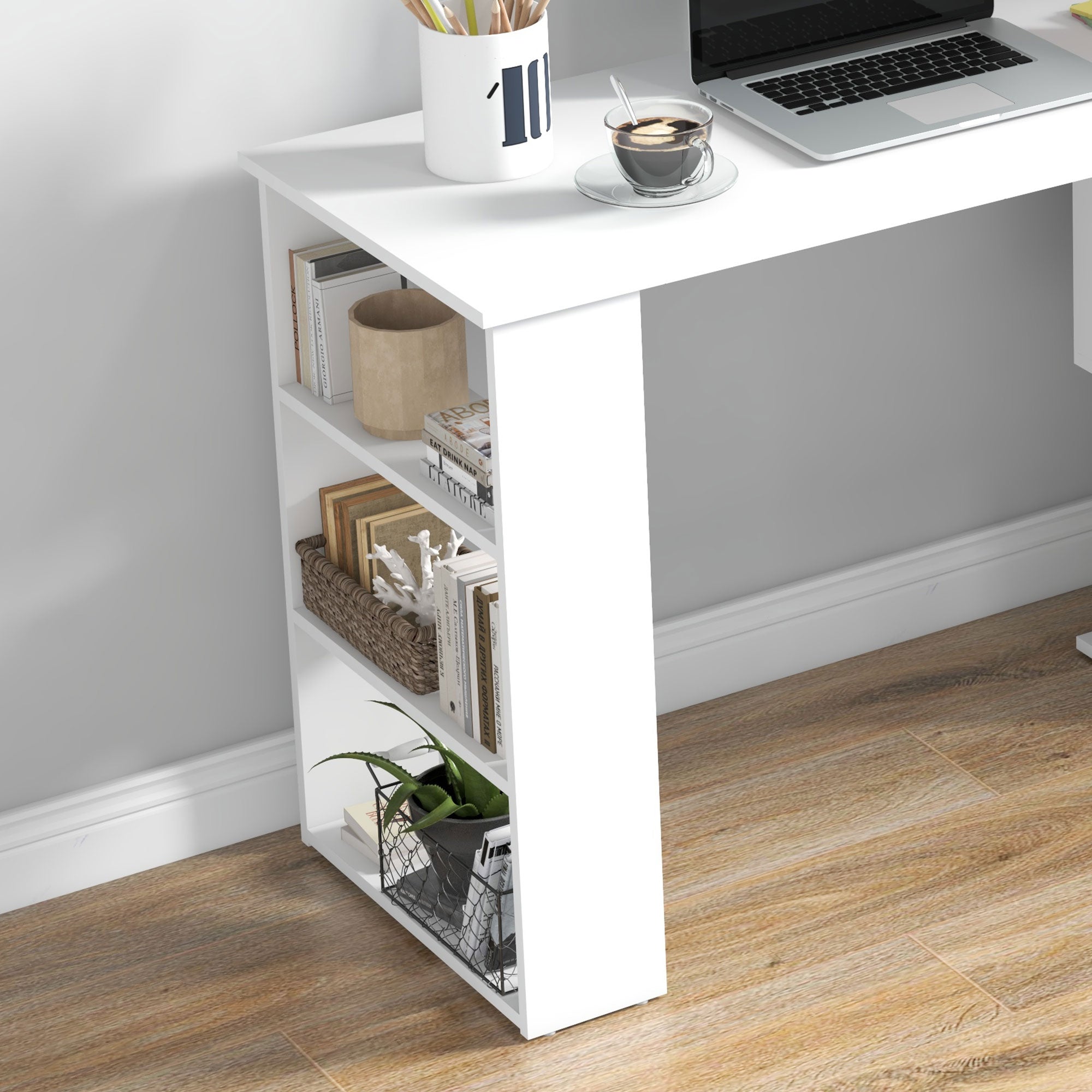 L Shaped Desk, Corner Computer Desk, 360 Degree Rotating Home Office Desk with Storage Shelves, Writing Table Workstation, White