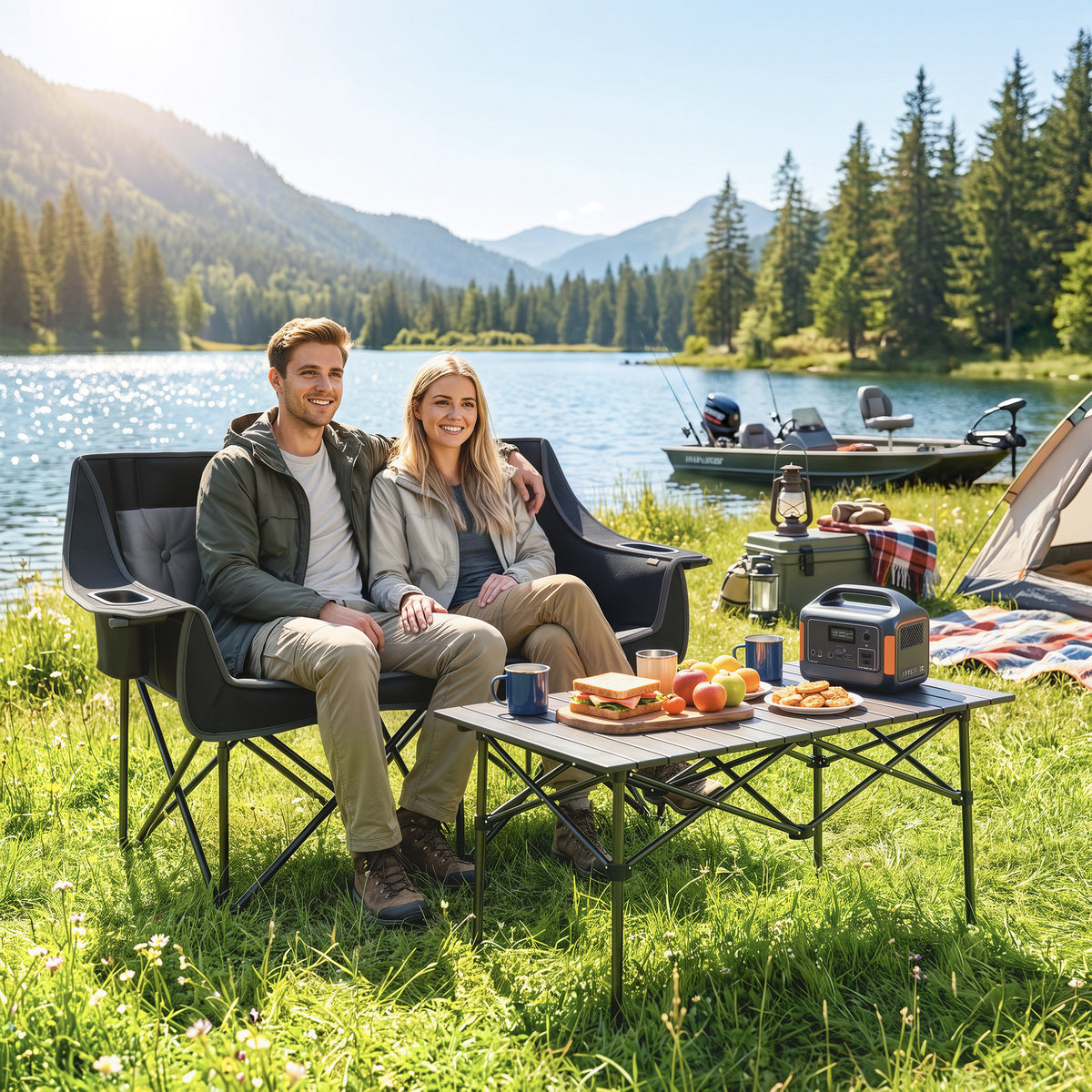 Heated Double Camping Chair, Oversized Folding Padded Camp Loveseat Couch with 3 Heat Levels and 4 Heating Zones