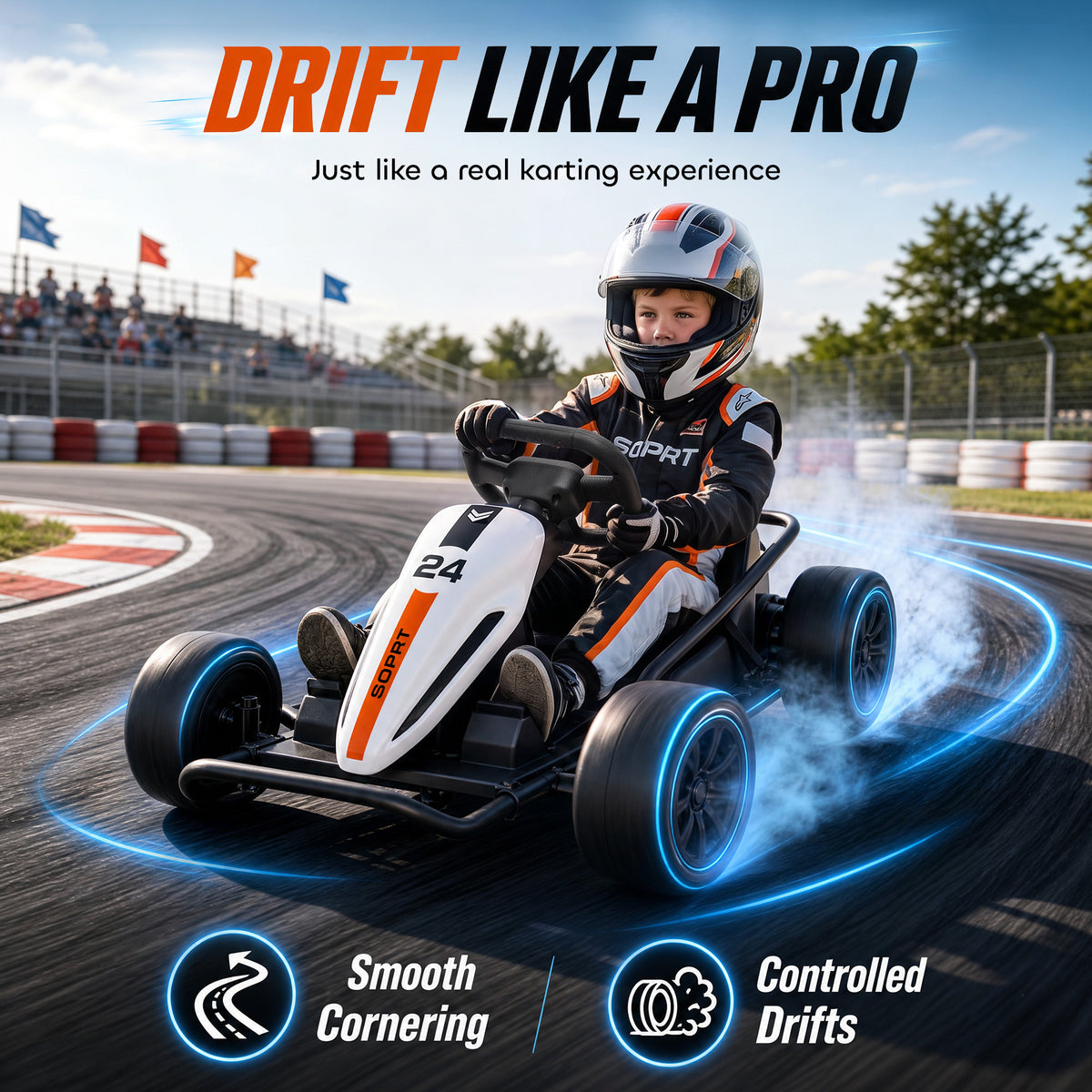 24V Electric Drift Go Kart for Kids with Dual Motors, Soft Start, PU Wheels, 7.5MPH High Speed, for Ages 6+, White