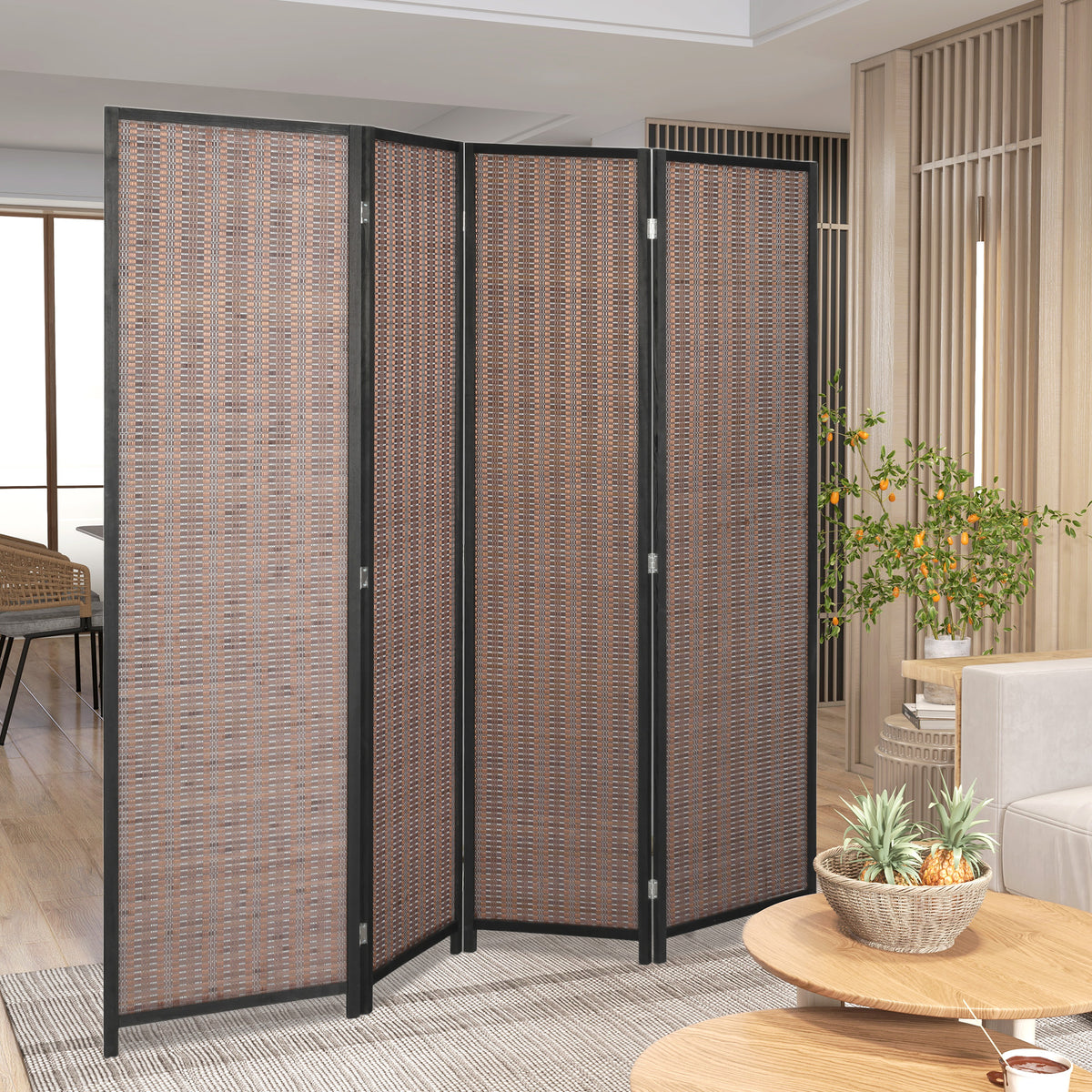 Room Divider Folding Privacy Screen Freestanding 4 Panel Pine Wood for Bedroom Home Office 6 Ft Tall Black Brown