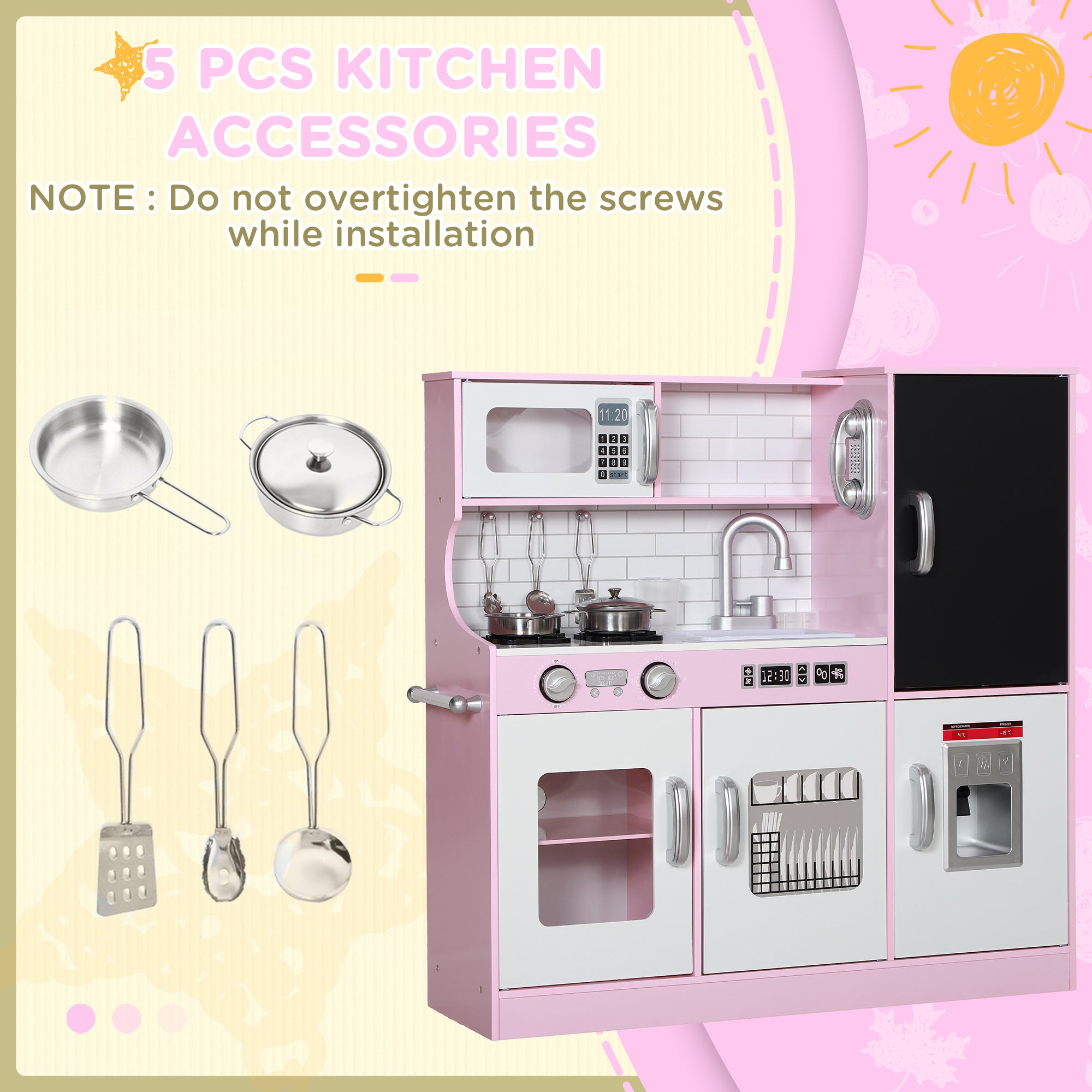 Pretend Play Kitchen, Kids Kitchen Playset with Play Phone, Chalkboard, Towel Rack & Ice Maker for 3-8 Years Pink