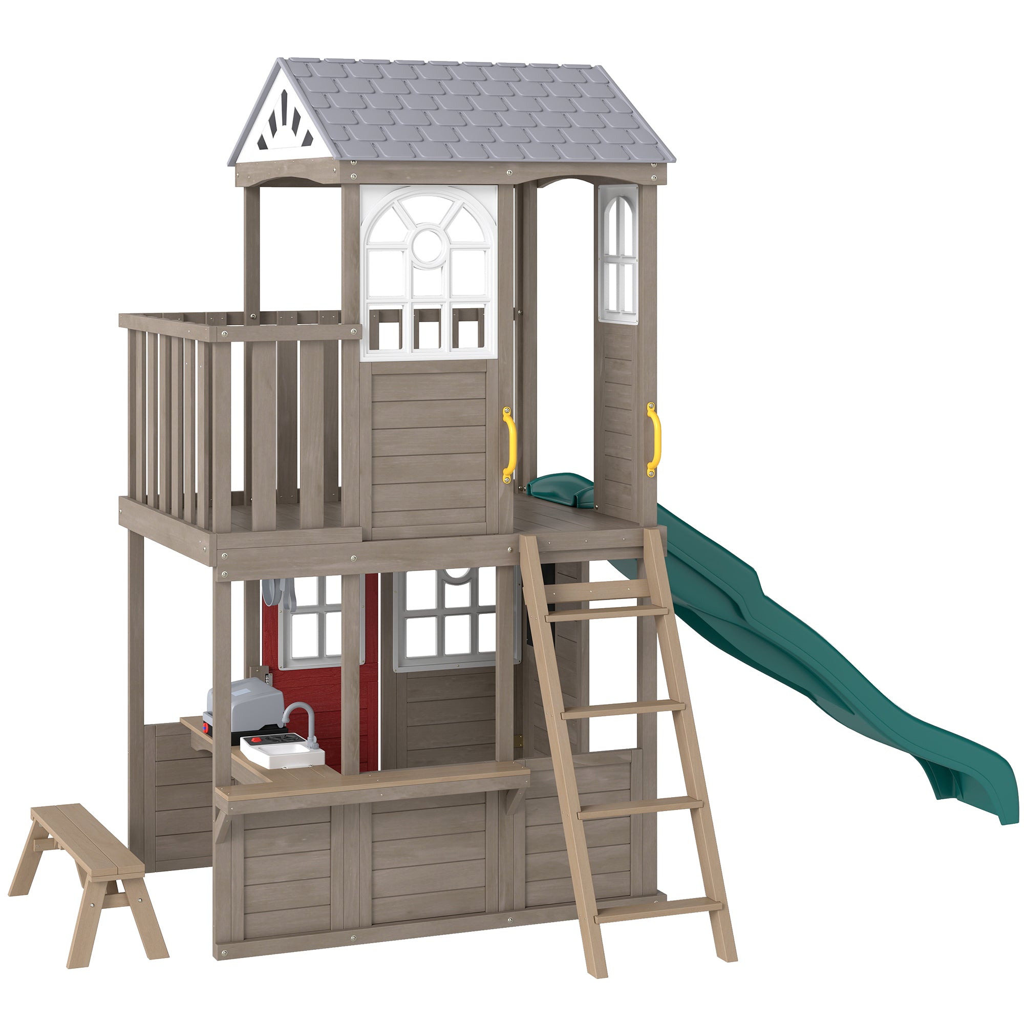 Two-Story Outdoor Playhouse, Wooden Kids Playhouse with Slide, Bench, BBQ Play Kitchen, Ladder, Lookout Platform, Clock