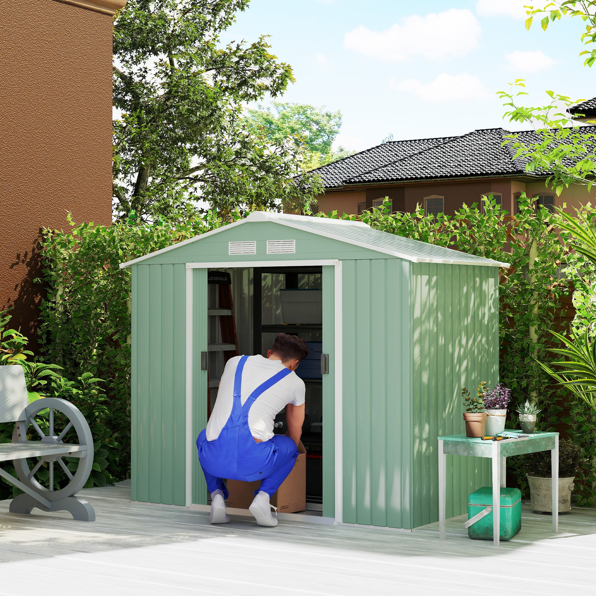 7' x 4' Outdoor Storage Shed, Garden Tool House w/ Foundation Kit Vents & Sliding Doors for Backyard Patio, Light Green - Light Green - Image 2