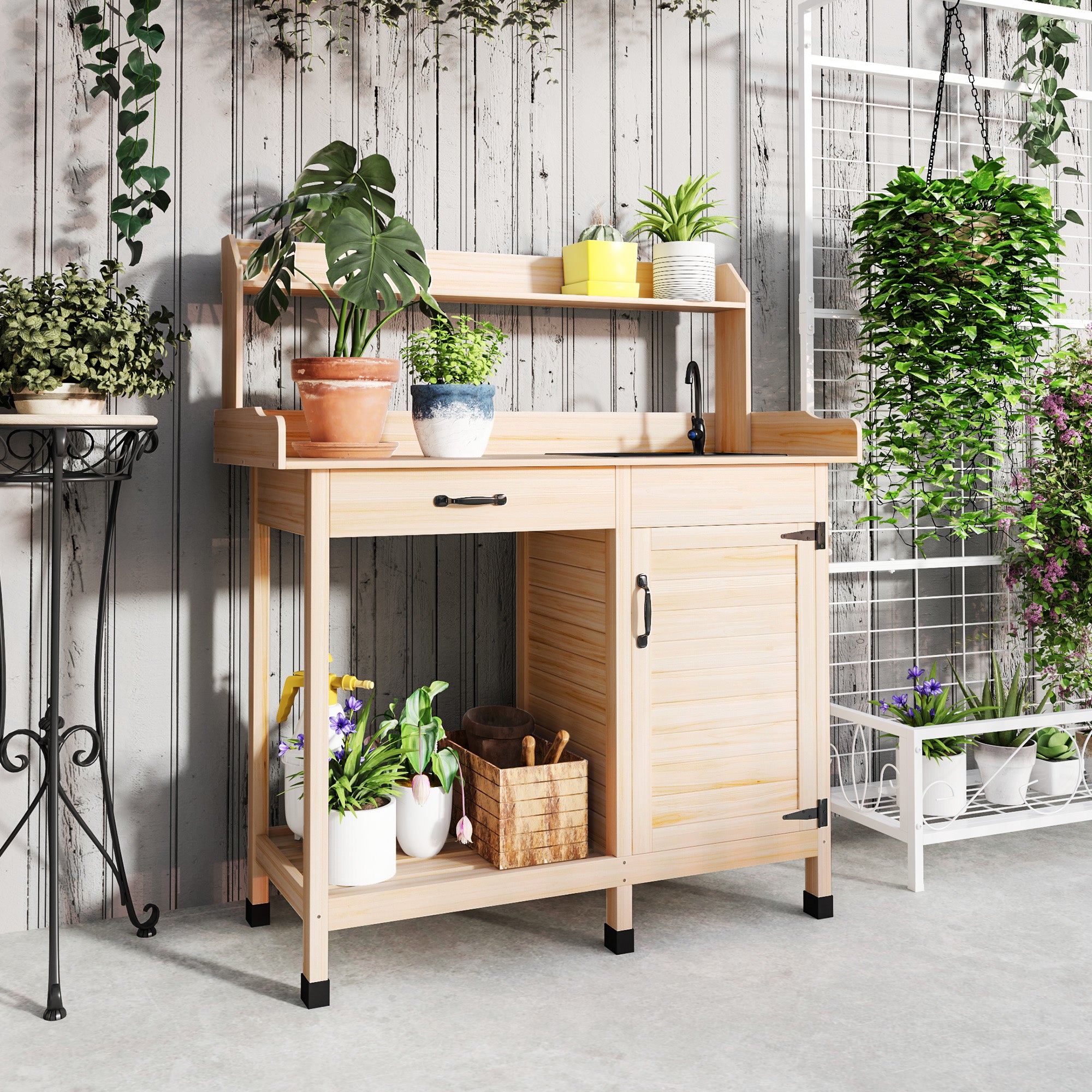 Potting Bench Table with Sink, Outdoor Work Bench Table with Storage Cabinet, Hooks, Removable Sink, Faucet and Drawer for Greenhouse, Garden, Patio, Natural Wood - Natural Wood - Image 7