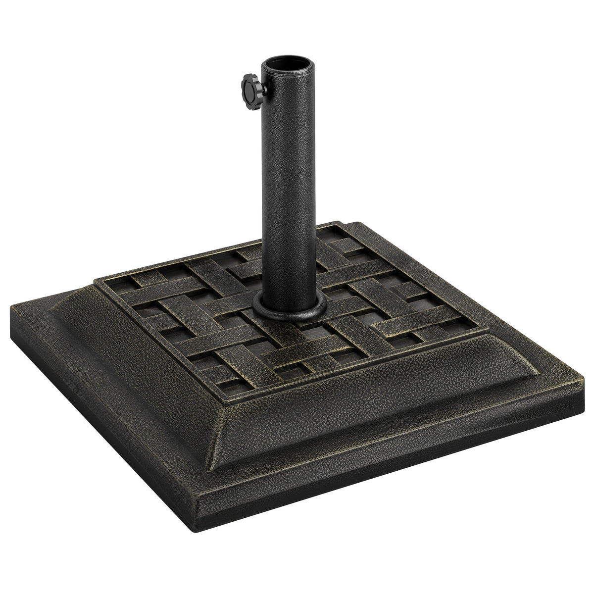 20 lbs Patio Market Umbrella Base Stand Resin Parasol Holder Square with Beautiful Decorative Pattern & Easy Setup, for Φ1.5", Φ1.89" Pole, for Beach, Lawn, Deck, Backyard, Garden, Bronze
