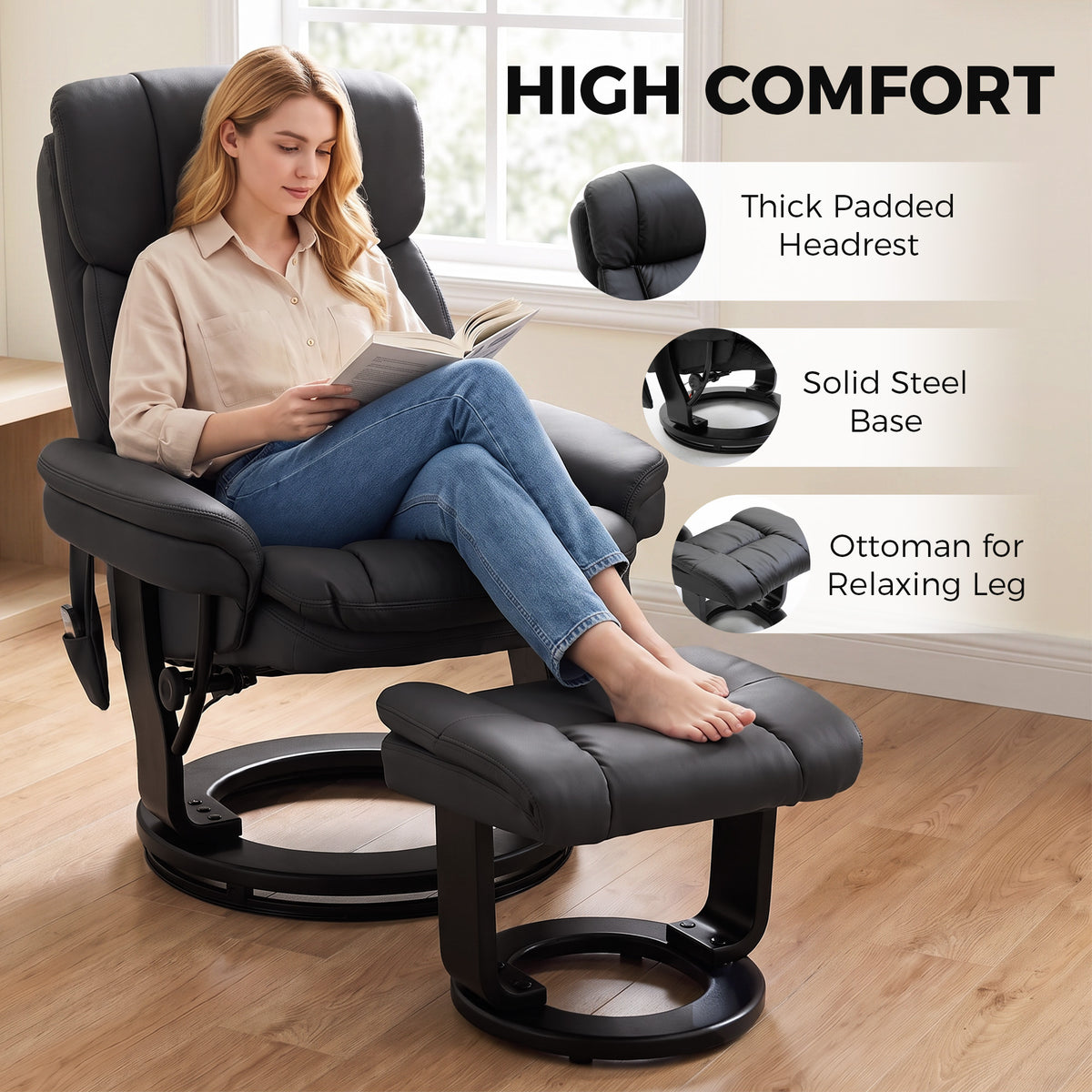 PU Leather Massage Recliner Chair with Ottoman, 10-Point Vibration, Swivel Armchair, Black