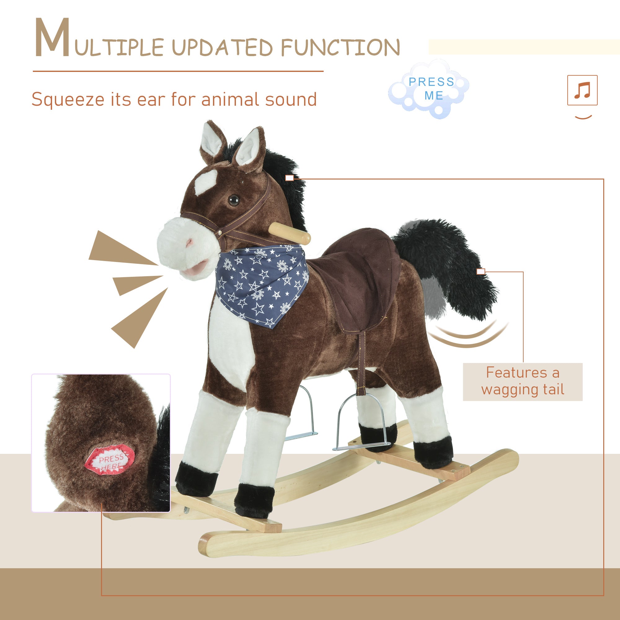 Kids Plush Ride-On Rocking Horse Toy Cowboy Rocker with Fun Realistic Sounds for Child 3-6 Years Old, Brown