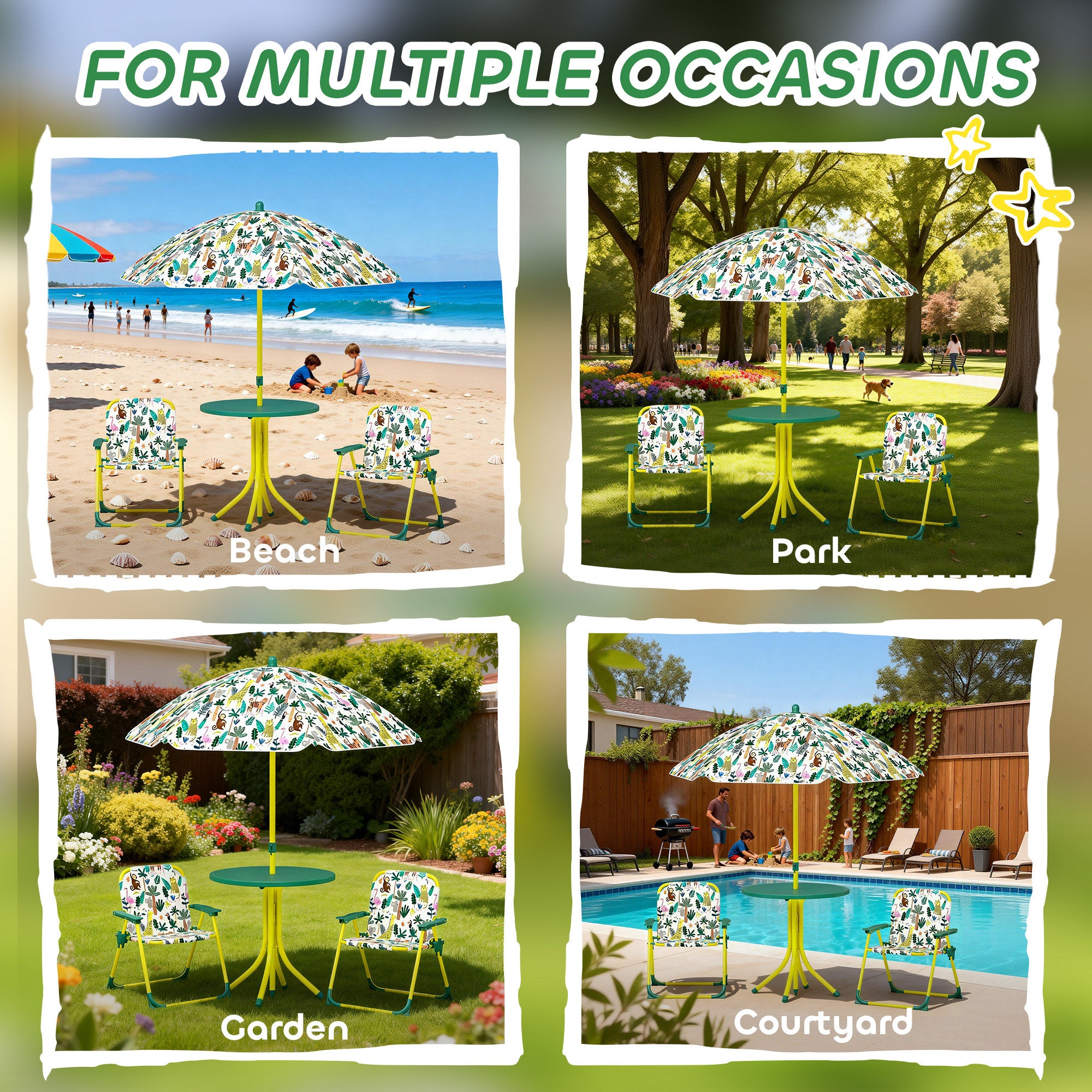 Kids Picnic Table, Kids Table and Chair Set with 2 Folding Chairs and Umbrella for Backyard, Garden, Patio, Green