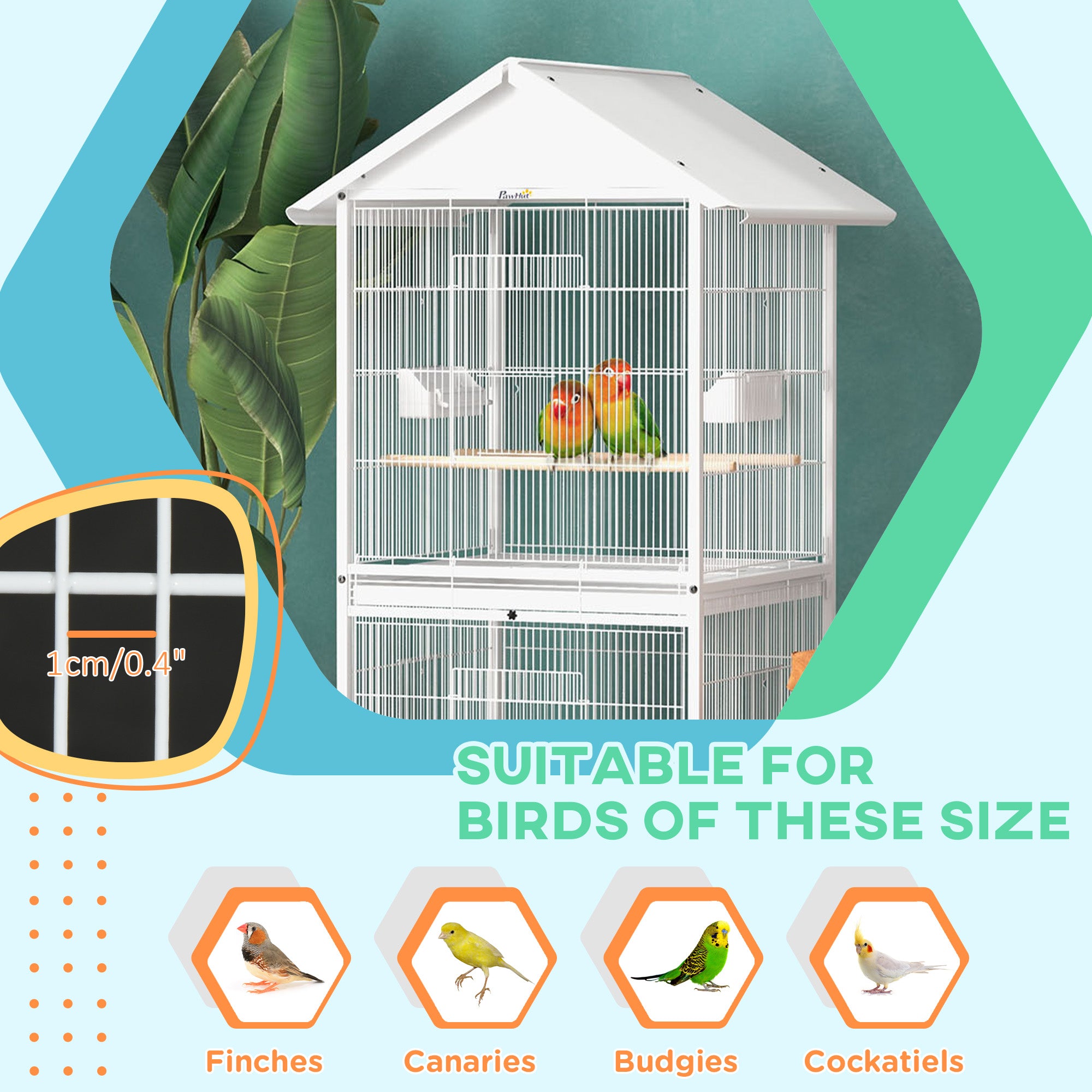 Wrought Metal Bird Cage Feeder with Rolling Stand Perches Food Containers Doors Wheels 67" H, White - White - Image 6