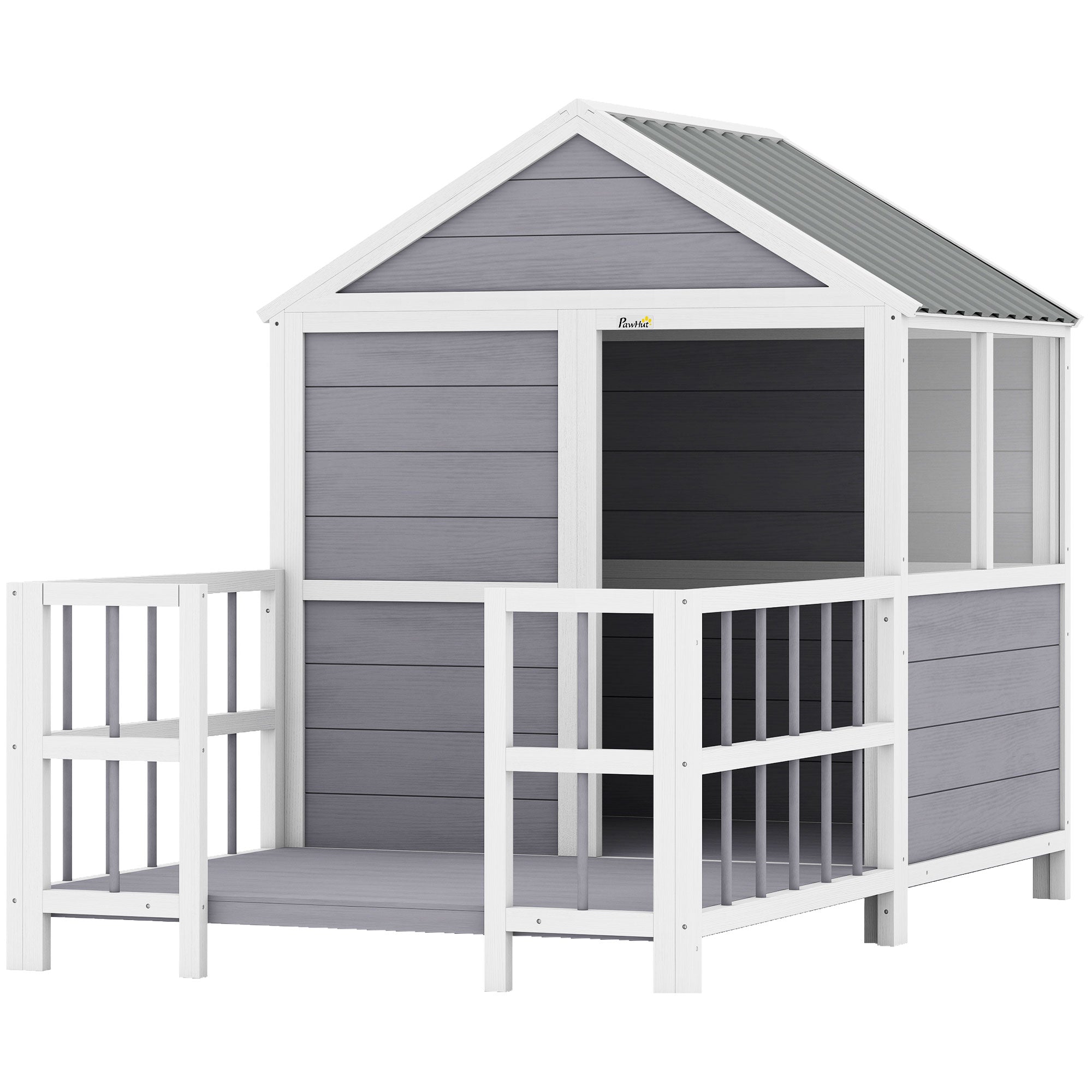 Outdoor Dog House, 61"L Wooden Dog House with Porch, Weatherproof Roof, Elevated Base, Air Vents & Observation Windows - Gray