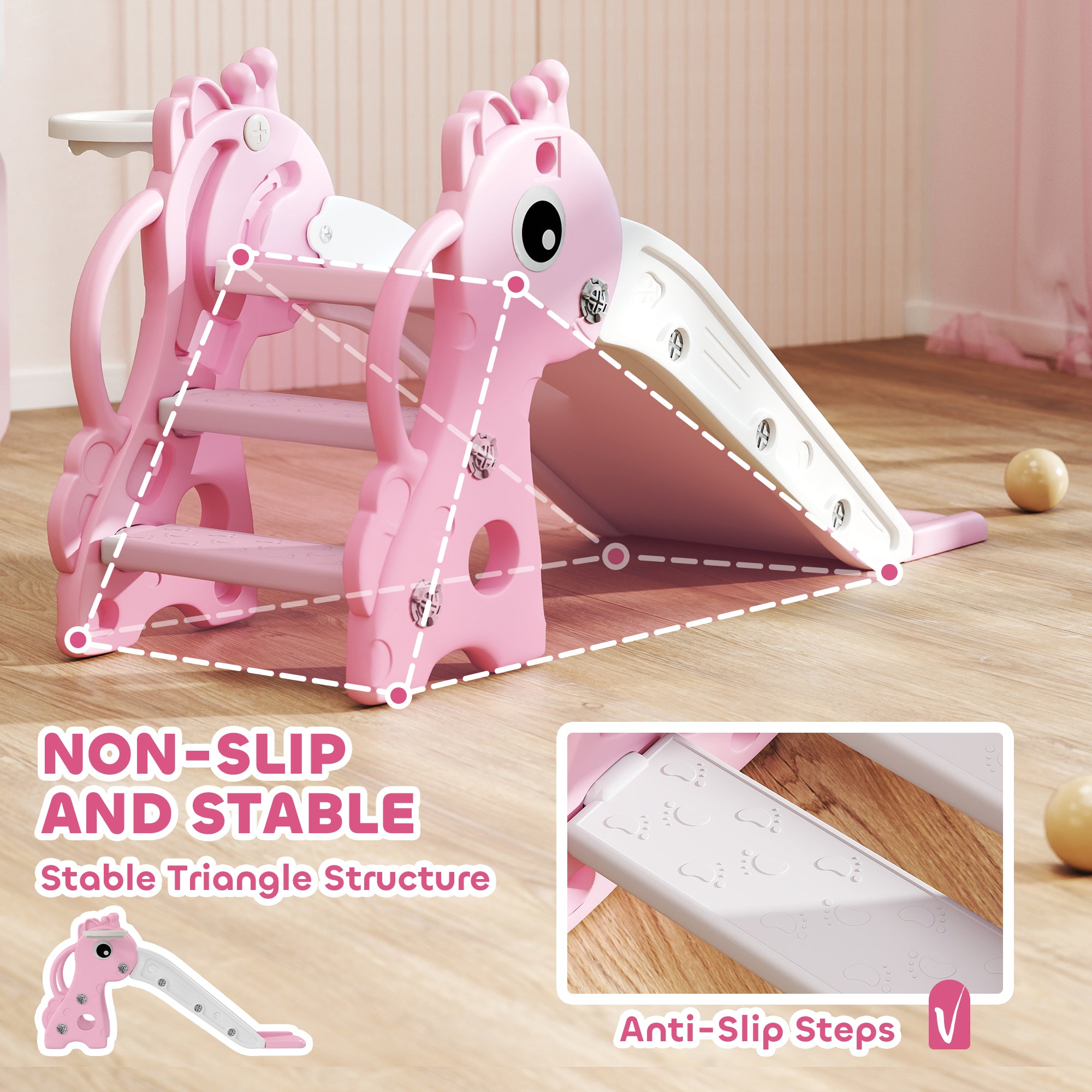 3-in-1 Toddler Slide for Age 1-3, Freestanding Kids Slide with Climber, Basketball Hoop and Ball, Giraffe Design, Pink