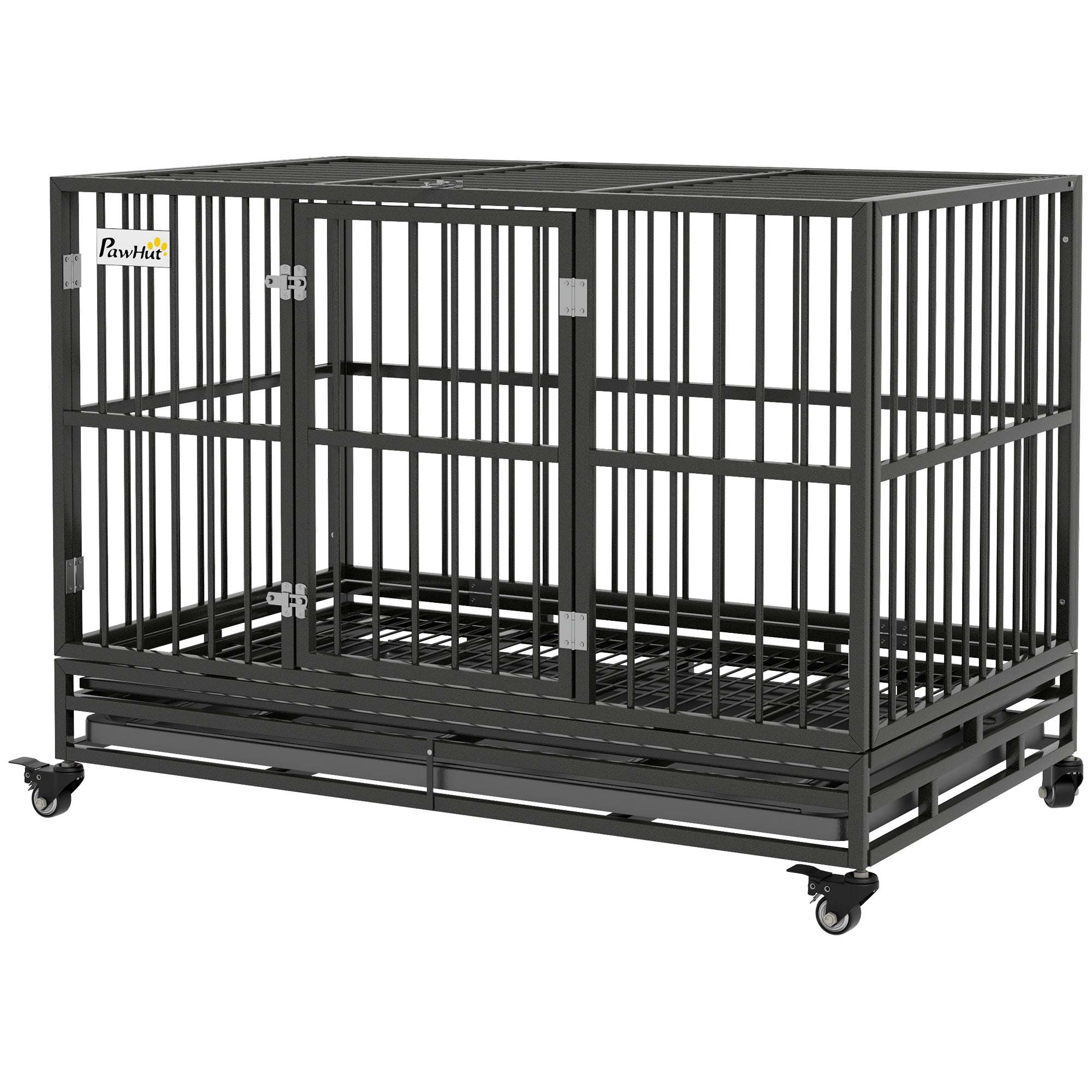 48" Heavy Duty Dog Crate Metal Cage Kennel with Lockable Wheels, Double Door and Removable Tray, gray - Gray