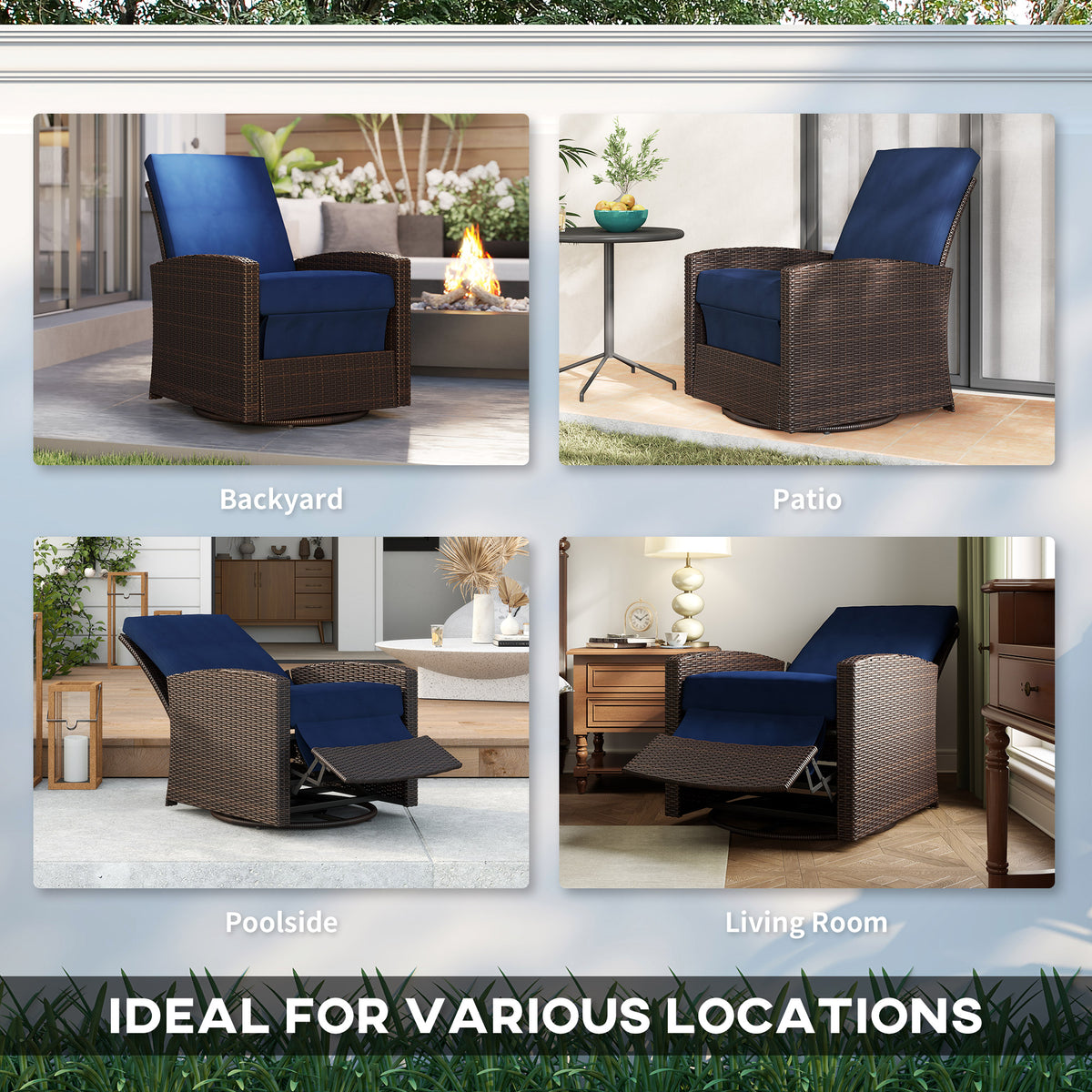 Outdoor Wicker Chair, Reclining Backrest, Lifting Footrest, 360° Rotating Basic, Water Resistant Cushions, Dark Blue