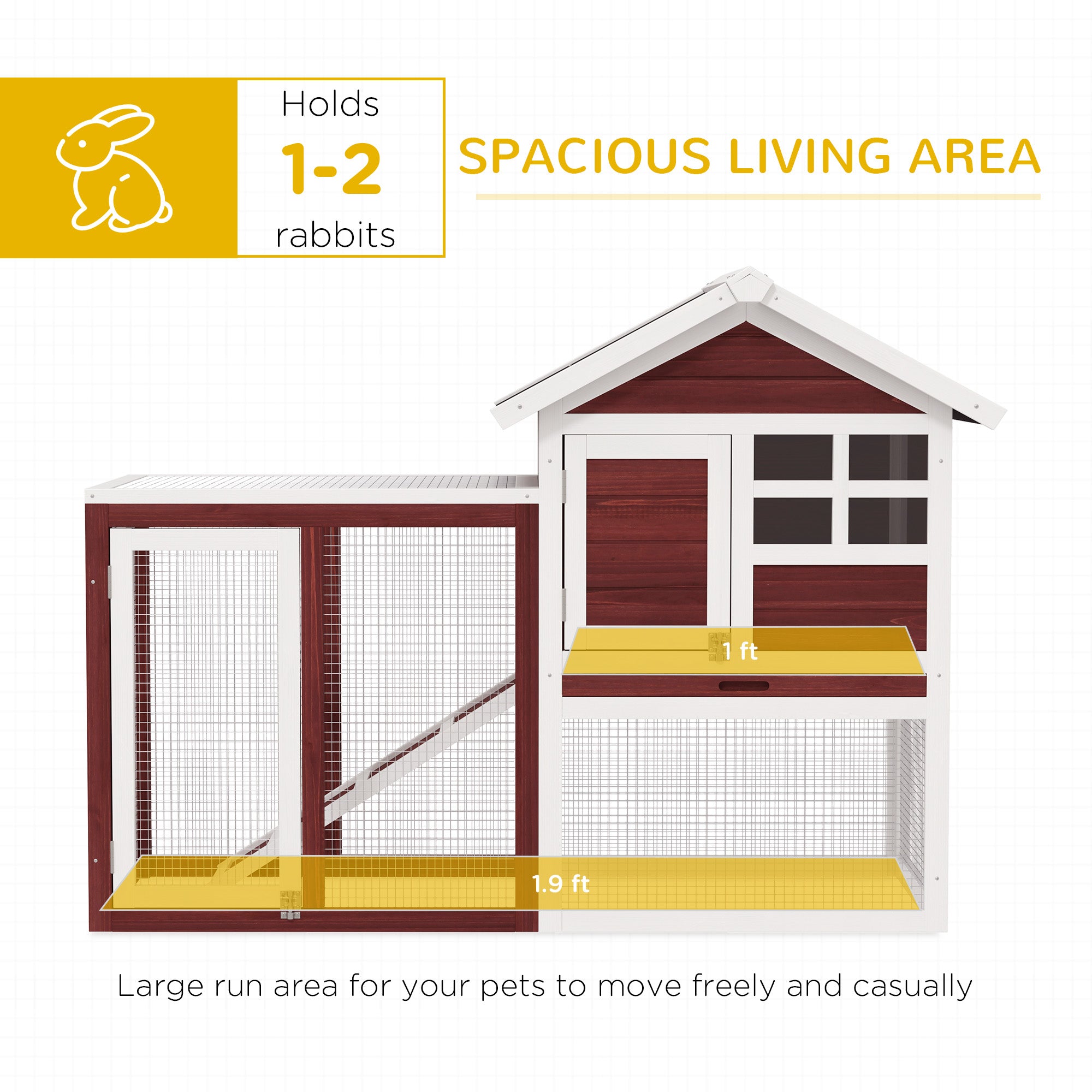 49" Wooden Rabbit Hutch Bunny Cage with Waterproof Asphalt Roof, Fun Outdoor Run, Removable Tray and Ramp, for Rabbits, Chickens, Ducks, Brown - Brown and White - Image 4