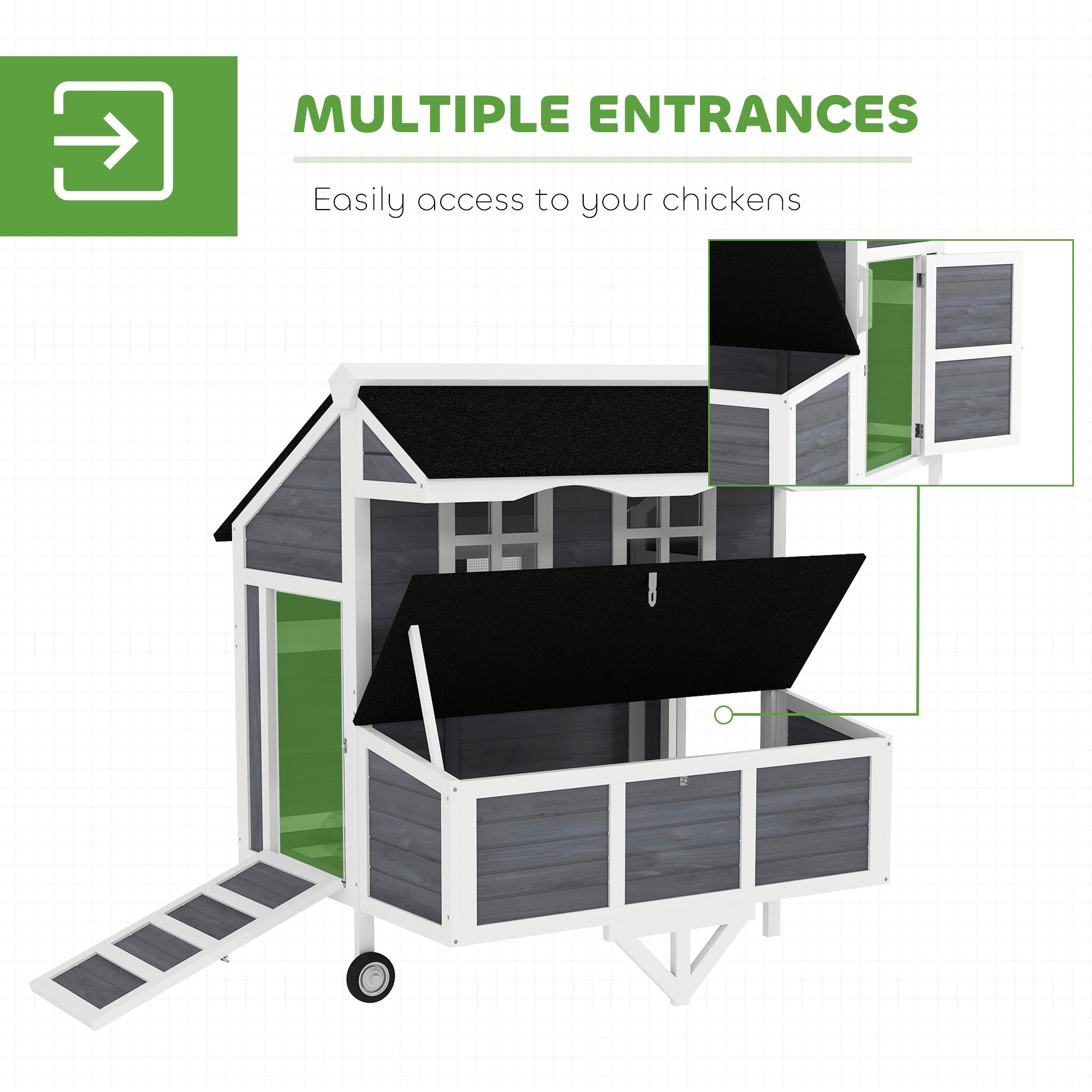 43" Chicken Coop with Wheels, Chicken Tractor with Nesting Box, Windows, Pull-out Tray, Perches, for 2-4 Hens, Gray - Gray - Image 7