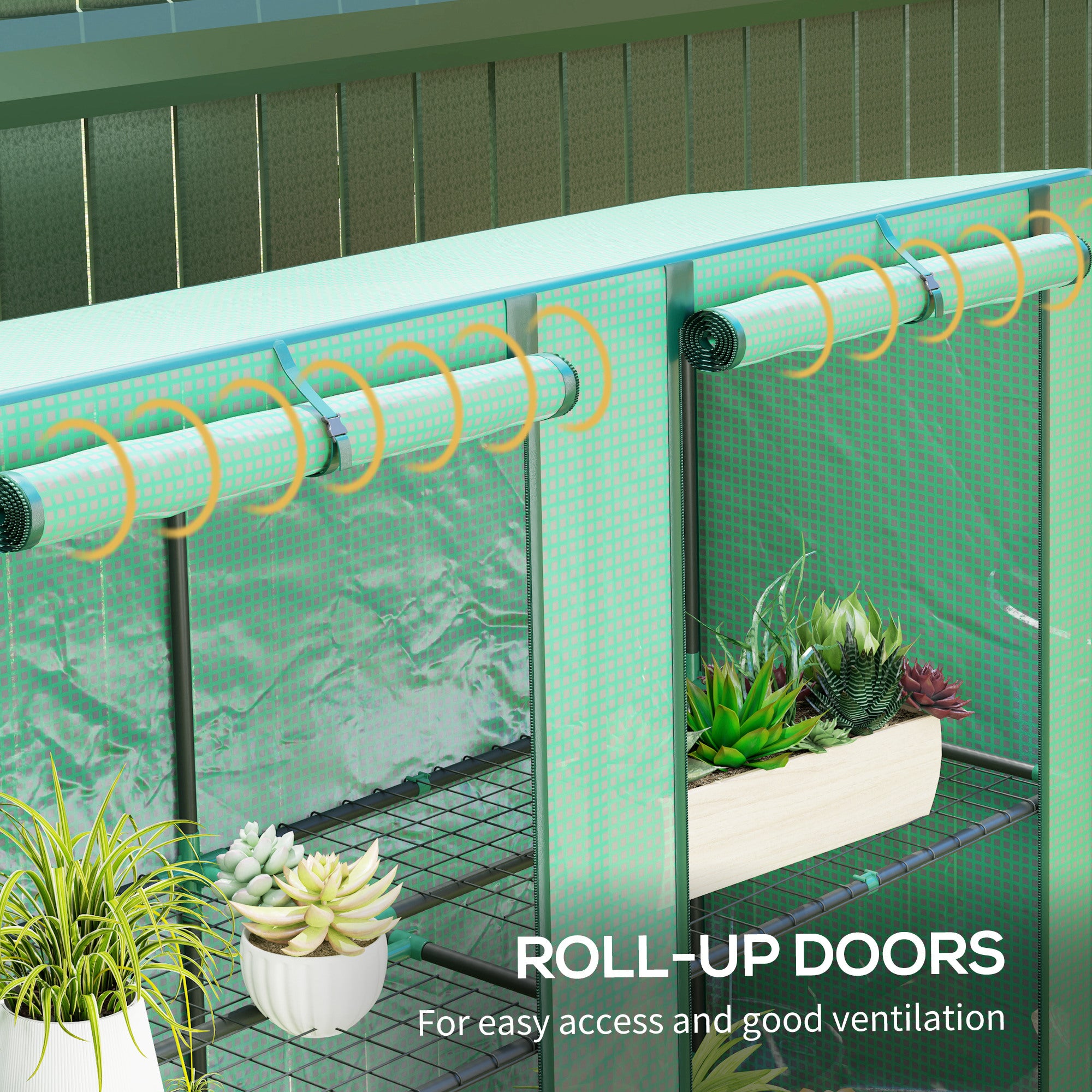 Lean-to Greenhouse with 3 Tier Shelves, Portable Greenhouse with PE Cover, 2 Roll-Up Doors, 56.7" x 18.9" x 59.8", Green - Green - Image 6