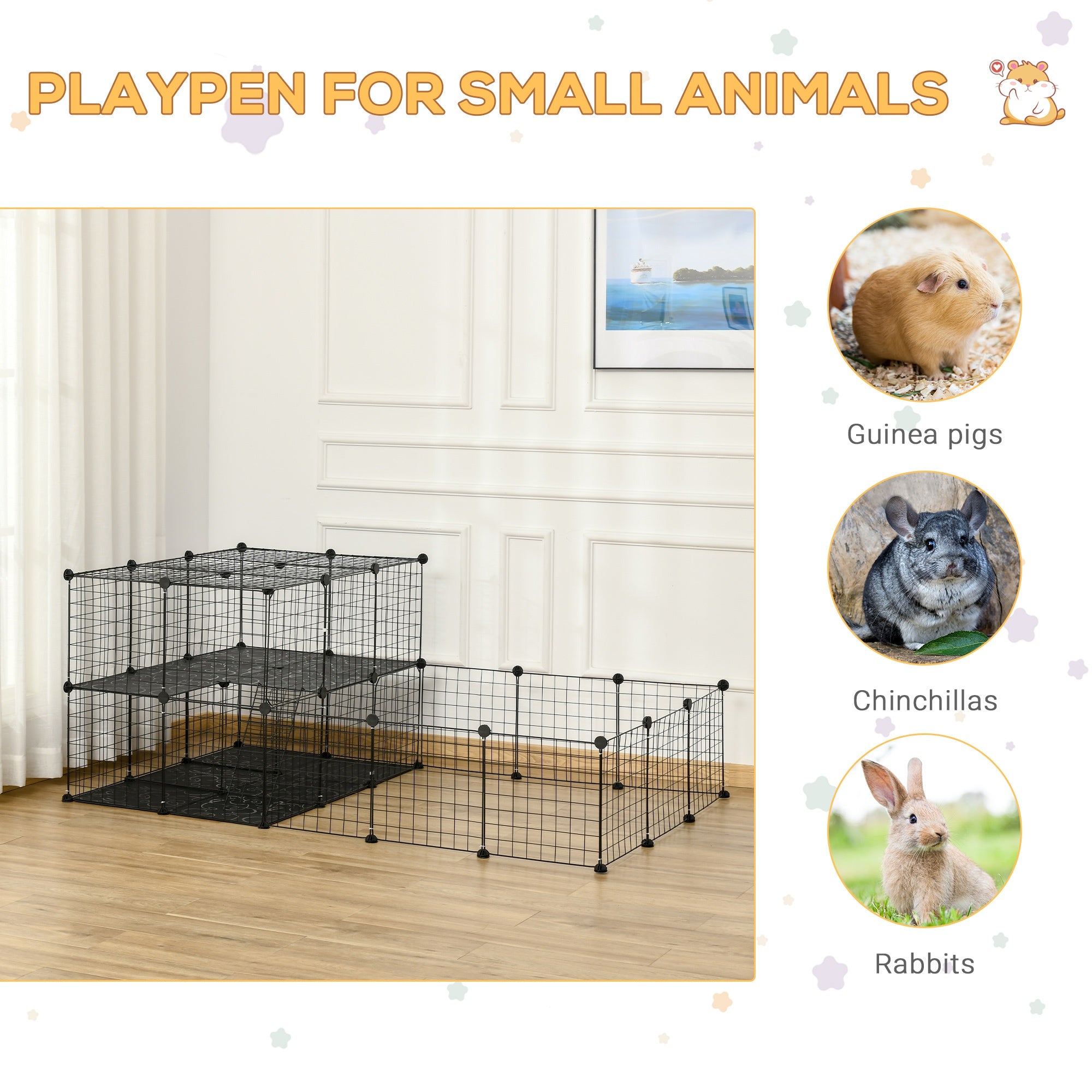 Pet Playpen with Door, Metal Mesh Cage with Mallet, Black - Black - Image 4