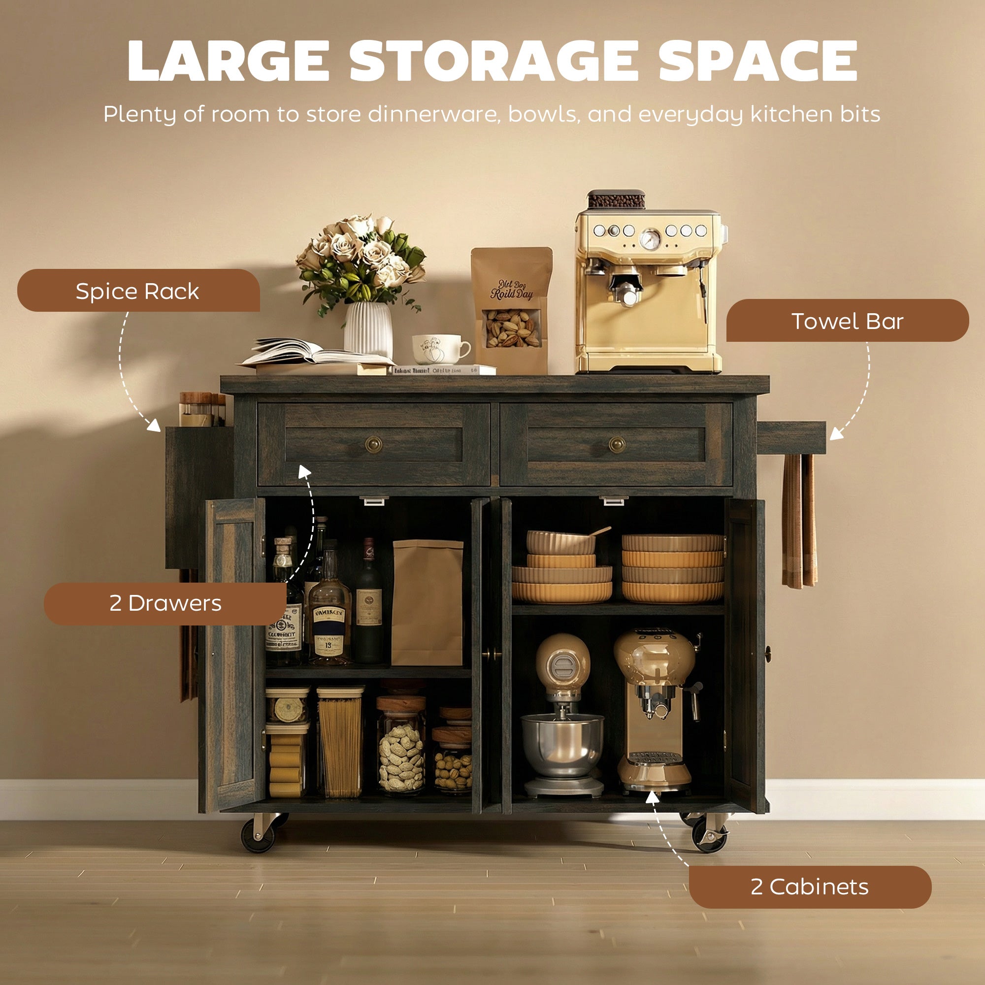 44" Mobile Kitchen Island Table, Kitchen Island Cart on Wheels with Storage Cabinets, 2 Drawers, Brown