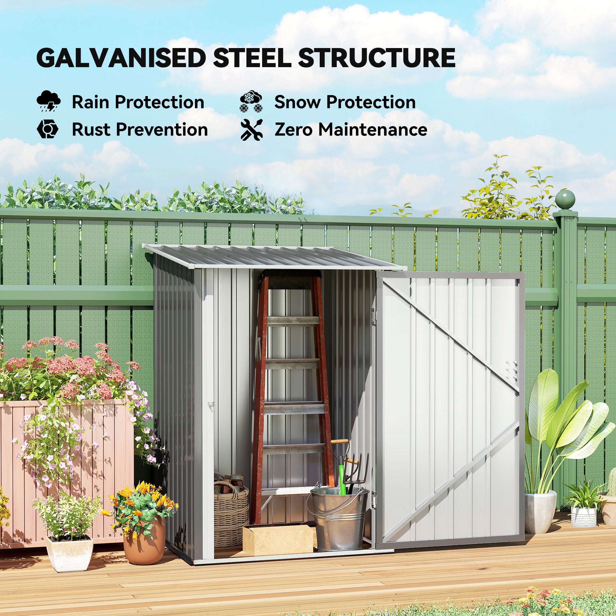 Outdoor 3.3' x 3.4' Lean-to Garden Storage Shed, Galvanized Steel Tool House with Lockable Door for Patio, Gray - Gray - Image 4