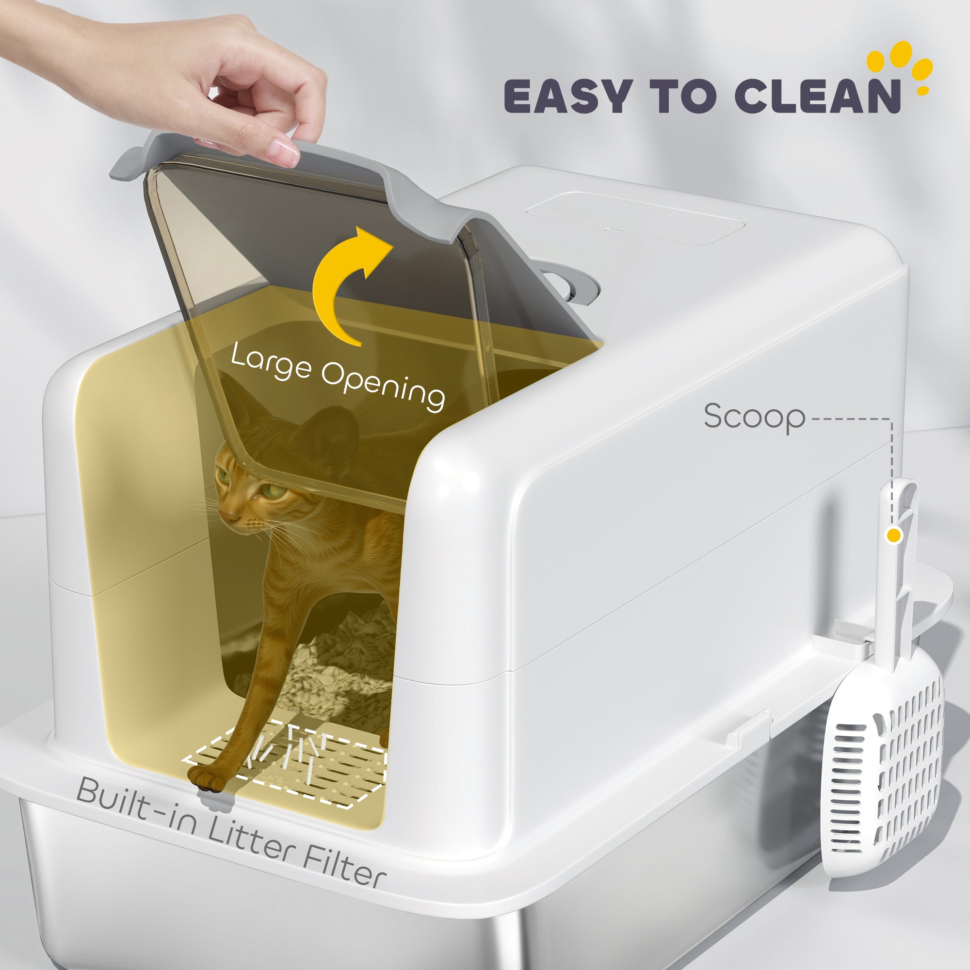 2 in 1 Stainless Steel Cat Litter Box with Removable Lid, Scoop, Filter Bags, for Small to Large Cats, White - White - Image 5