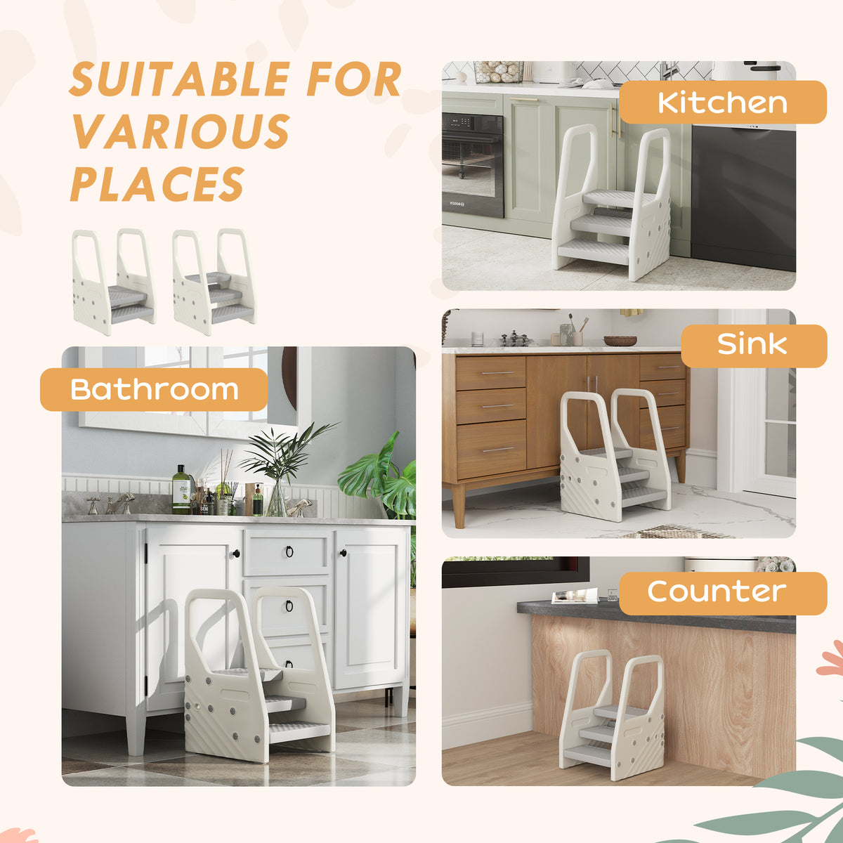Qaba Adjustable 3 Step Toddler Tower with Handles, Non-slip Surface & Foot Pads, Gray