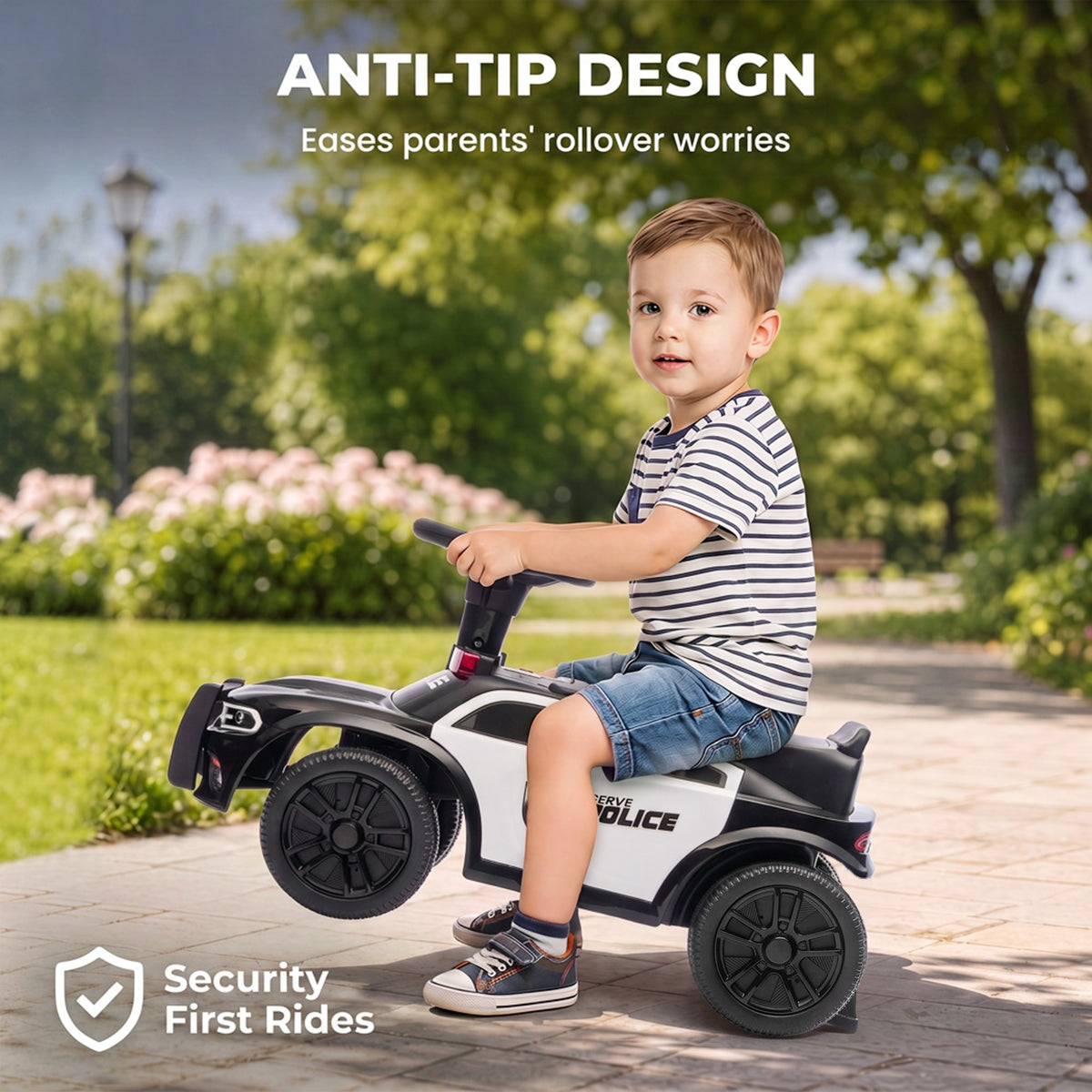 Toddler Push Car, Police Car Styling, Ride on Toys with Under-Seat Storage and Anti Tip Device, for 18-36 Months, Black