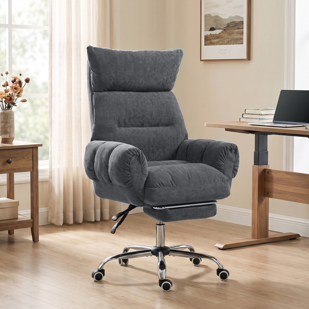 Criss Cross Office Chair with Flip-Up Armrests, Wide Seat, Reclining Cross Legged Desk Chair with Footrest, Dark Gray