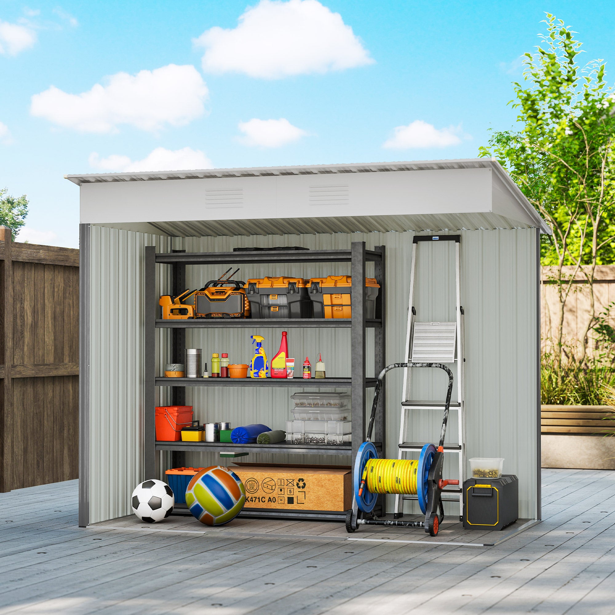 7' x 4' Metal Garden Shed, Backyard Tool Storage Shed with Dual Locking Doors, 2 Air Vents and Steel Frame, Light Gray - Light Gray - Image 7