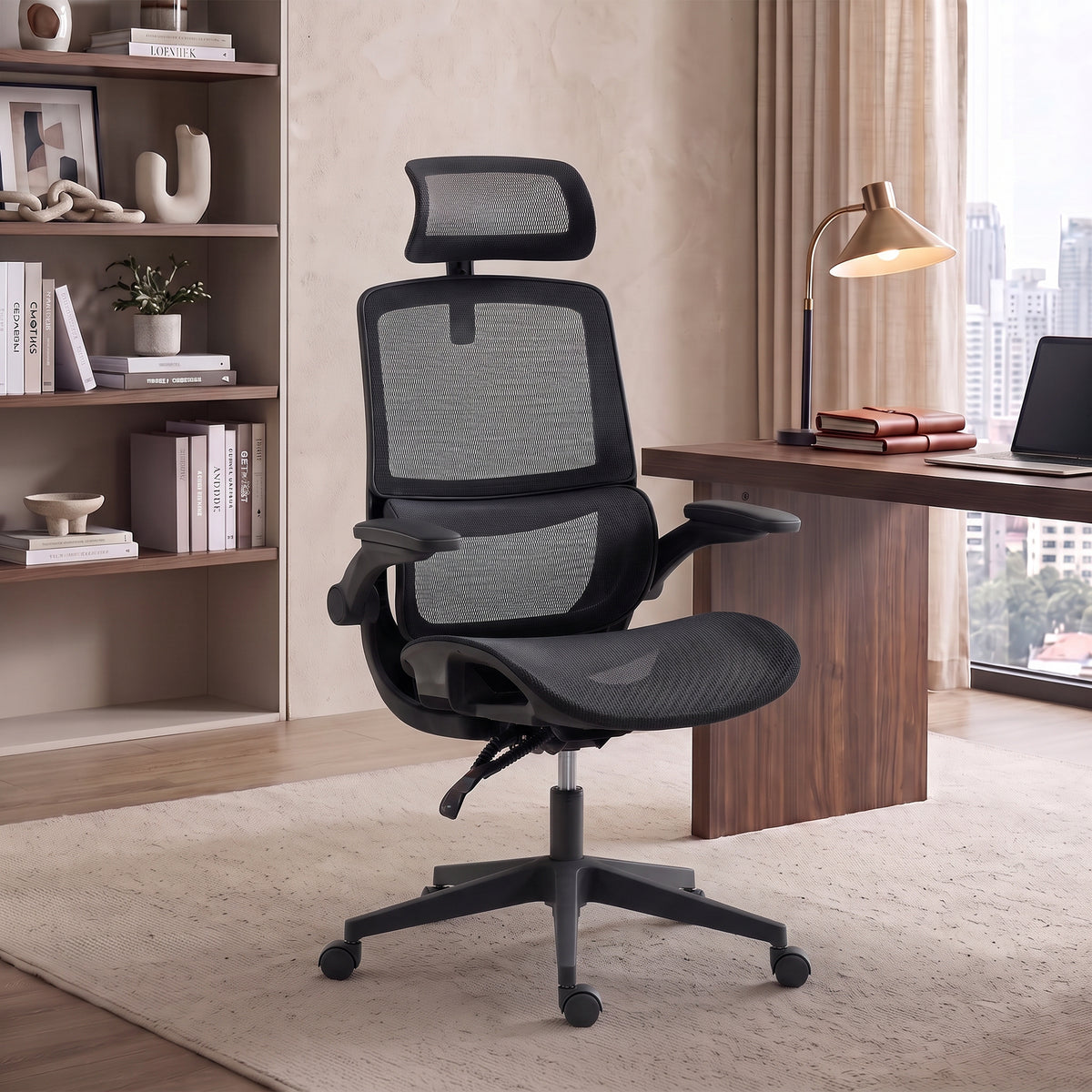Ergonomic Office Chair with Adaptive Lumbar Support, Reclining Mesh Desk Chair with 2D Headrest, Flip-Up Arms, Black