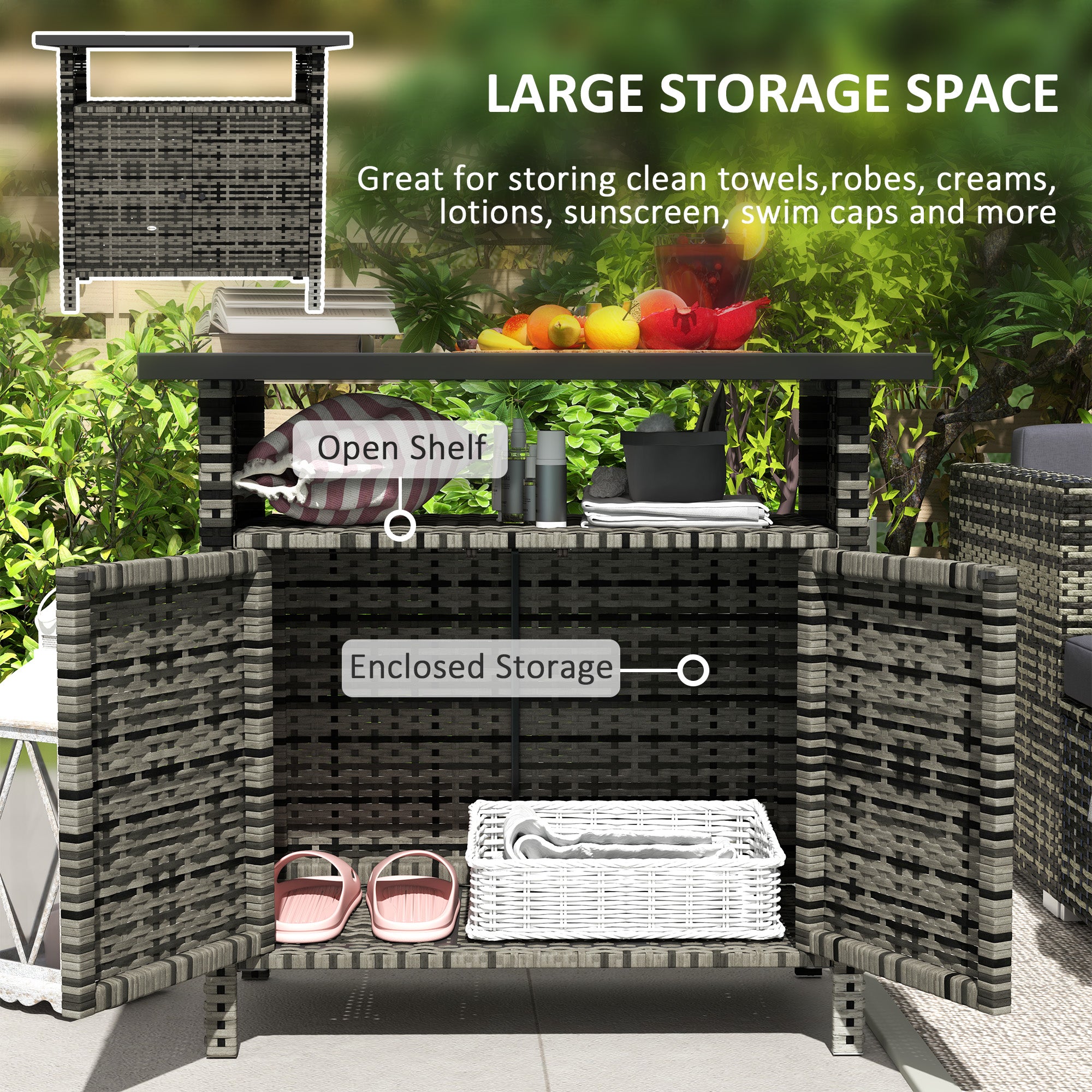 Wicker Outdoor Storage Cabinet with Two Doors and Shelf for Outdoor Pool Towel Storage, Mixed Gray - Mixed Gray - Image 4