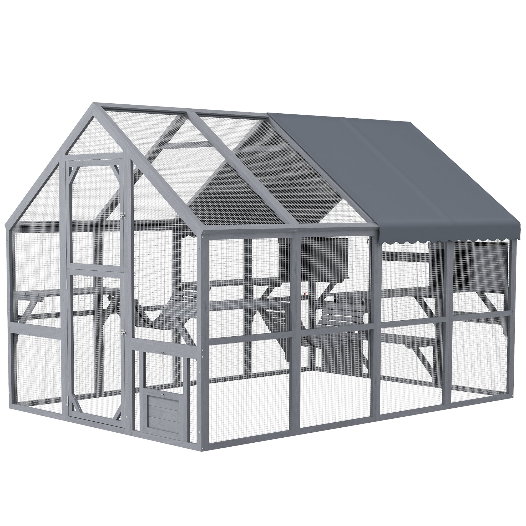 Wooden Catio Outdoor Cat Enclosure with Waterproof Cover, 2 Condos, 6 Platforms, Bridge, Doors, Gray - Gray