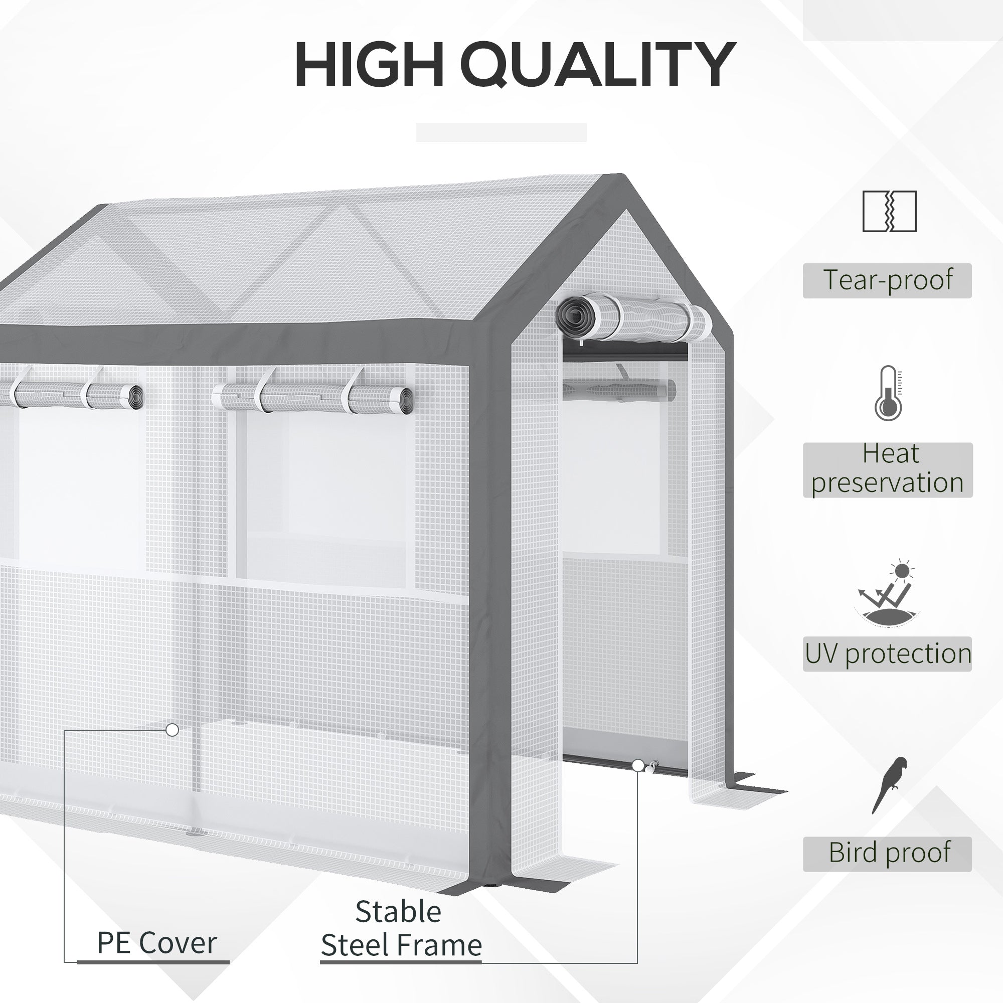 Outdoor Walk-In Tunnel Greenhouse with Roll-up Windows, Zippered Mesh Door, & Weather Cover, 8' x 6' x 7.4' - White - Image 4