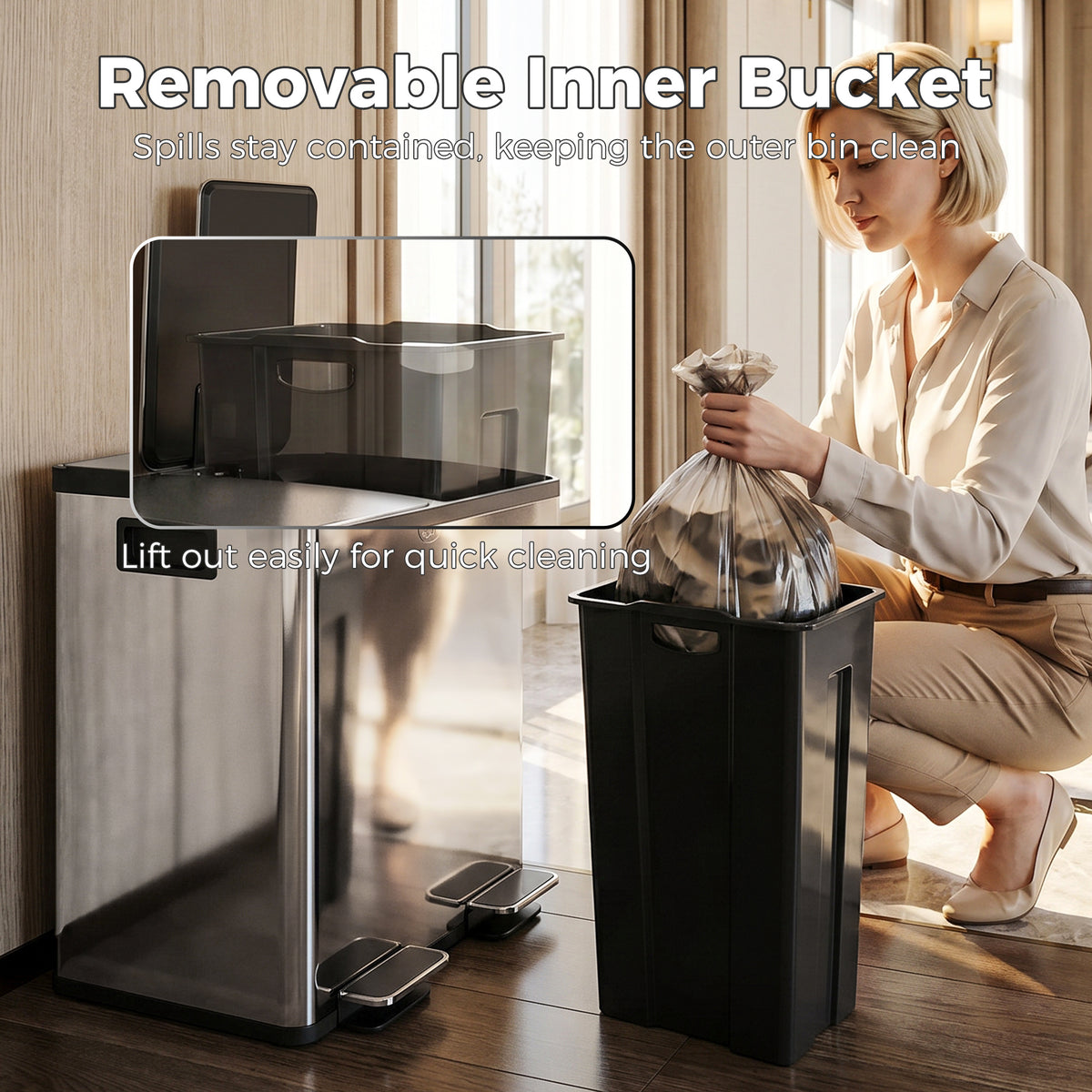 Trash Can, 2 x 5 Gallon Stainless Steel Garbage Can with Soft Close, Stay-Open Lid, Pedals, Inner Buckets, Silver