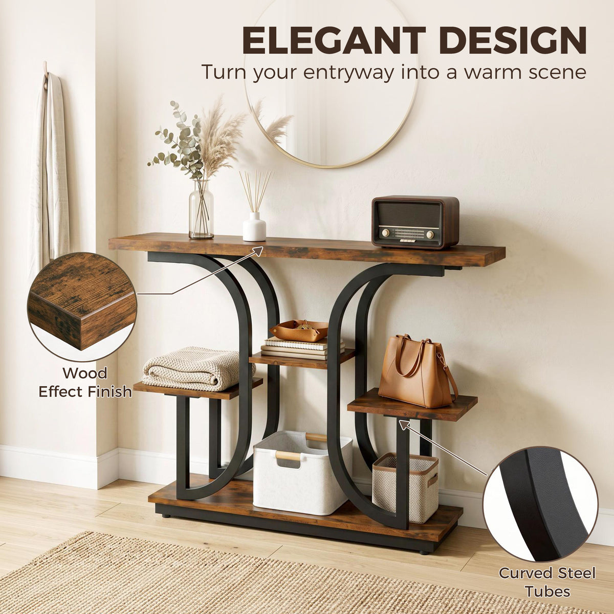 42.5" Modern Console Table, 3-Tier Narrow Entryway Table with Open Storage Shelves for Entryway, Rustic Brown