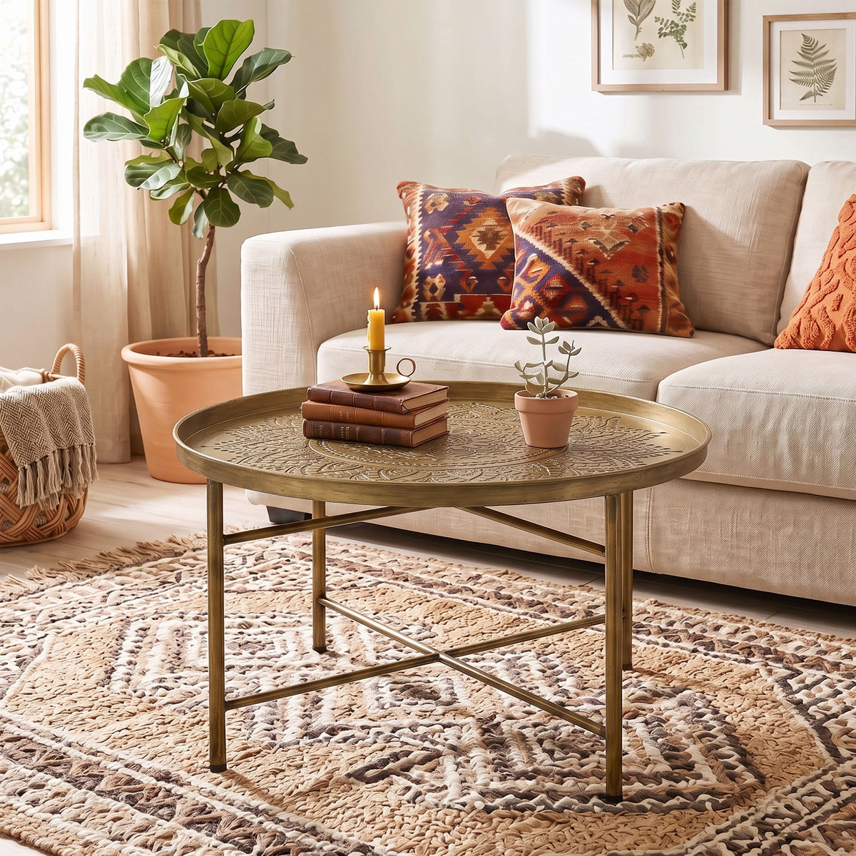 Coffee Table for Living Room, 24" Round Center Table with Hammered Tray Top and Metal Frame for Bedroom, Gold
